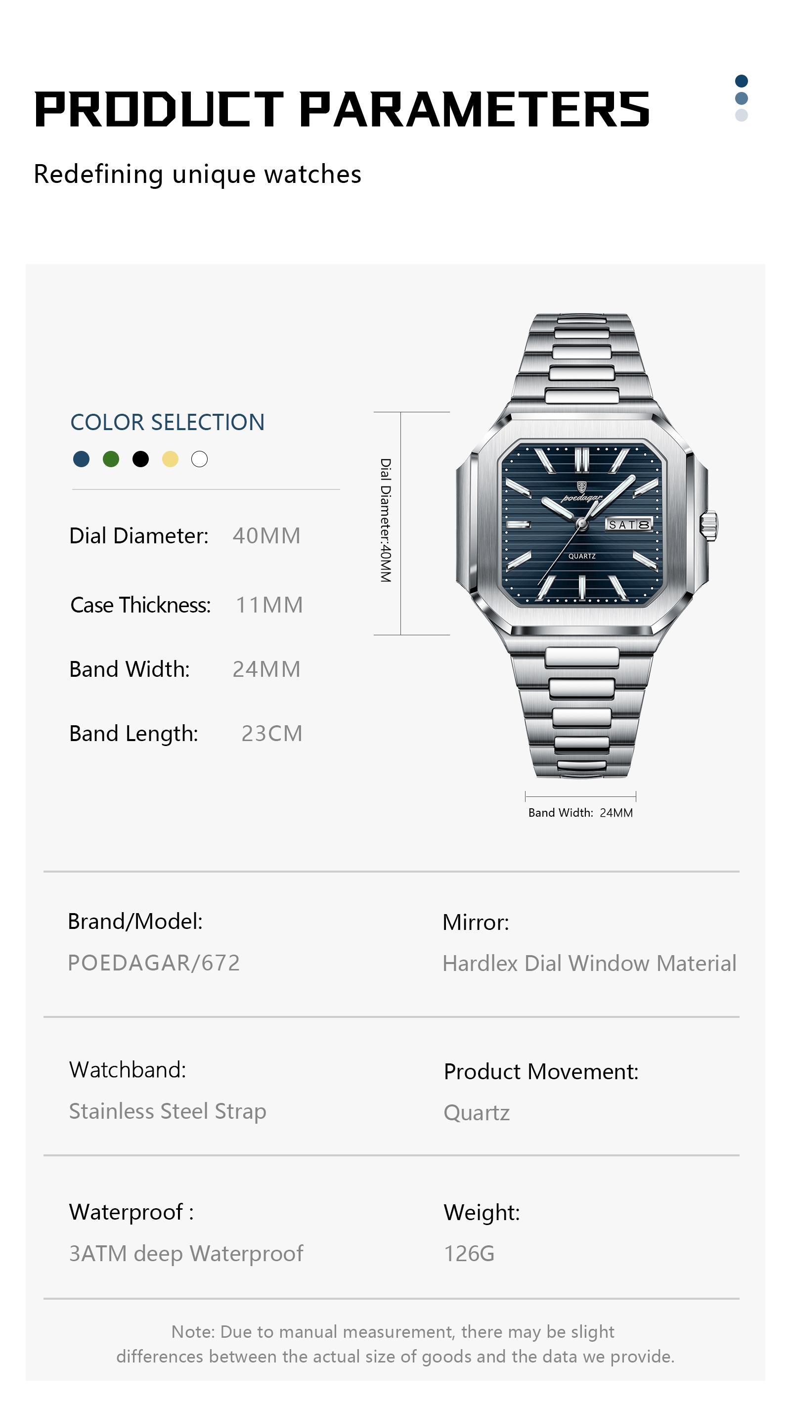 Poedagar square luxury fashion men's waterproof quartz watch, with luminous date and day display, stainless steel men's watch Square dial wristwatch