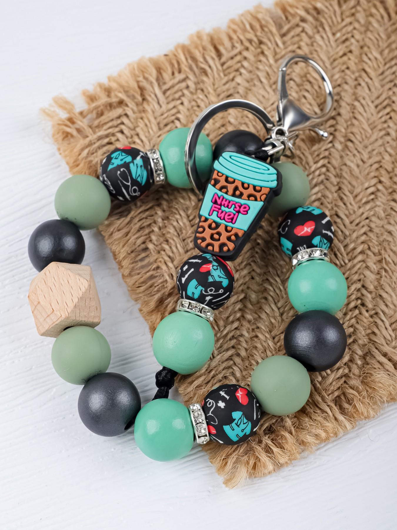 Nurse Themed Beaded Keychain, Handmade Silicone Wristlet, Leopard Print Beads, Anti-Lost Keychain for Medical Staff, Ideal Gift