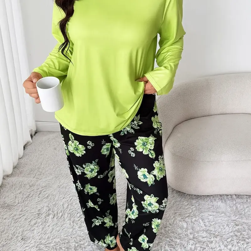 Plus Size Women's Two-Piece Set, Bright Long Sleeve Top with Floral Pants, Casual Home Wear, Fall & Winter Pajama Set, Pjs