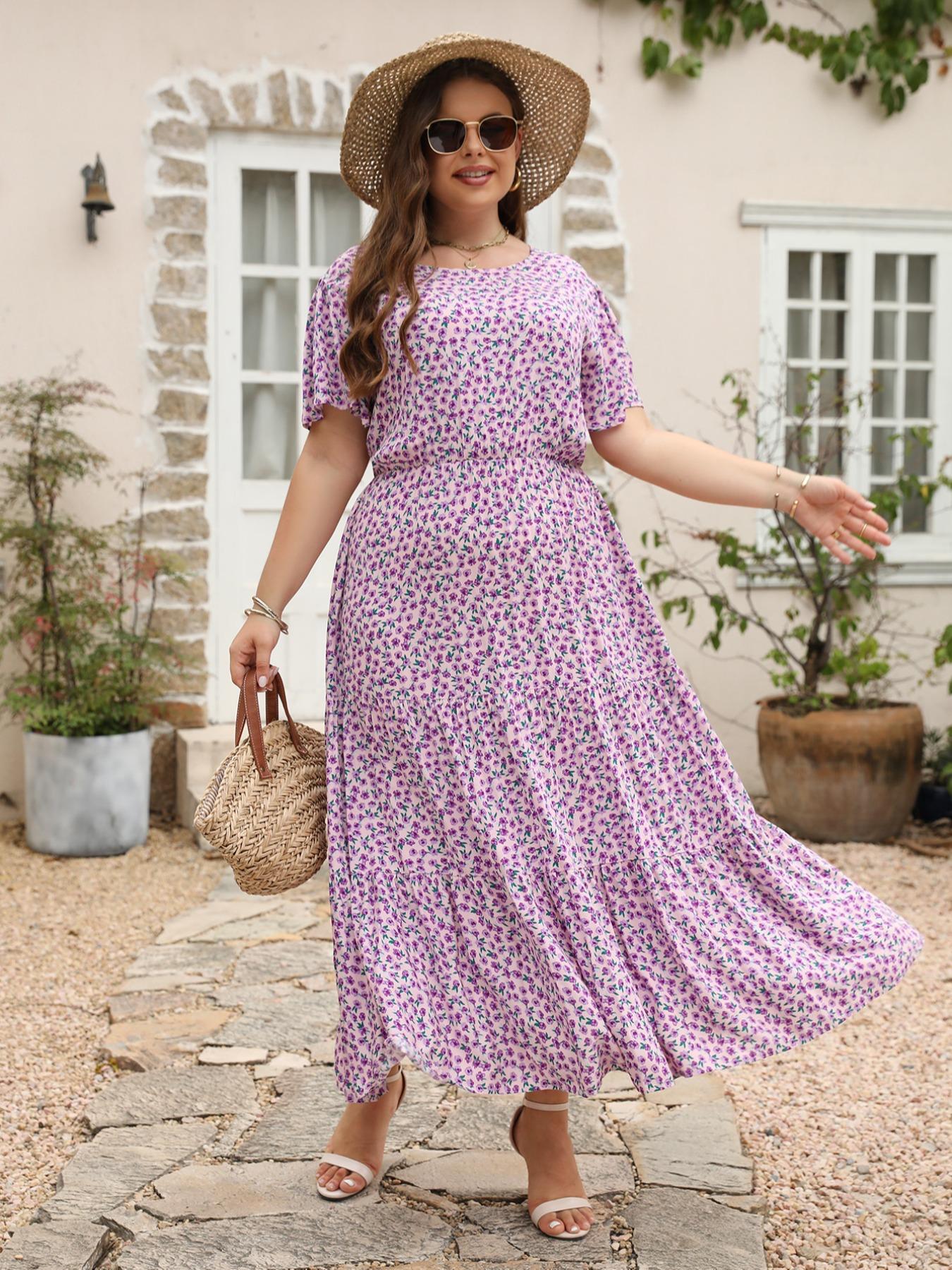 Women's Ditsy Floral Print A Line Dress, Boho Fashion Casual Plus Size Short Sleeve Dress for Daily Wear, Women Clothing, Womenswear, Summer Boho Clothes Women