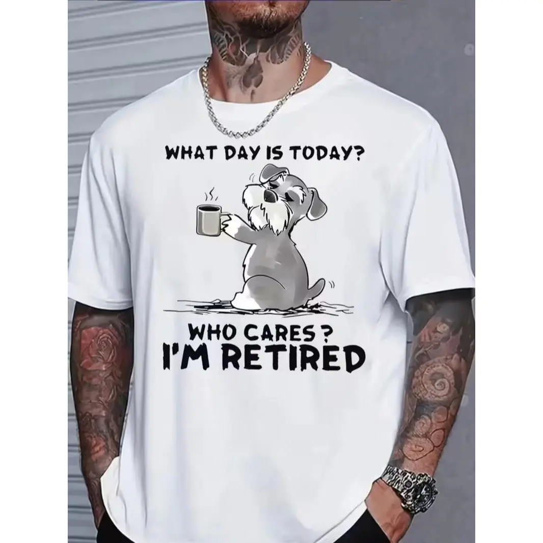 Women's Short-Sleeve Casual Top, Funny Retired Life Cartoon Schnauzer Coffee Drinking Humorous Retirement Slogan Print White Loose-Fit T-Shirt for Daily Wear