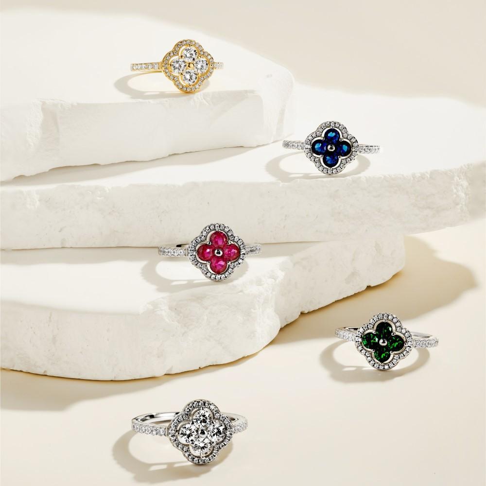 925 Sterling Silver Four Leaf Clover Ring Multicolor 5A Zirconia  Women’s Elegant Jewelry Gift for Her Charm Emerald Leaf Ring Three Stone Ring