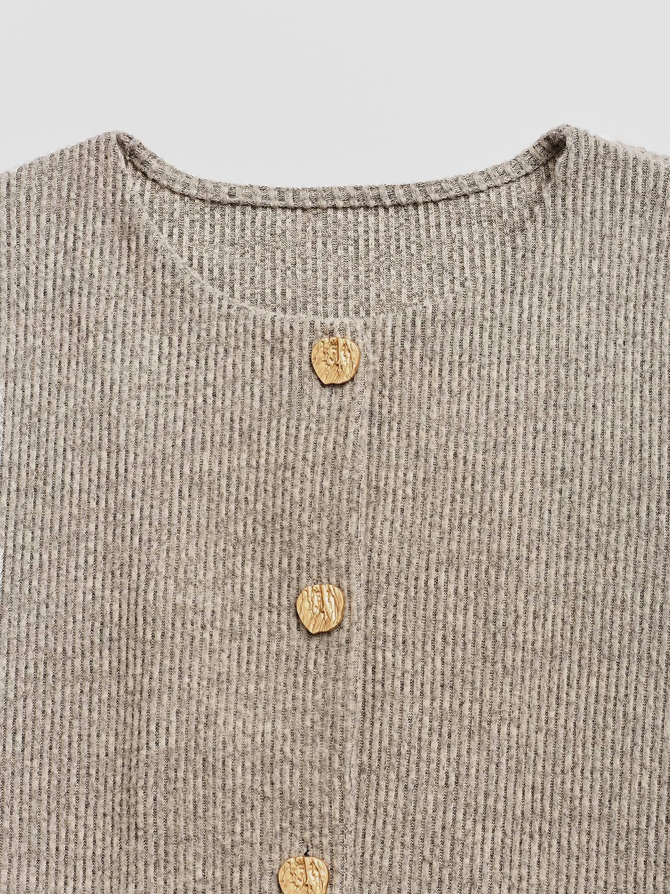 Women's Casual Elegant Ribbed Knit Button Long Sleeve Top, Fitted Plain Design, All Season Wear, Moderate Fabric Thickness, Knitwear