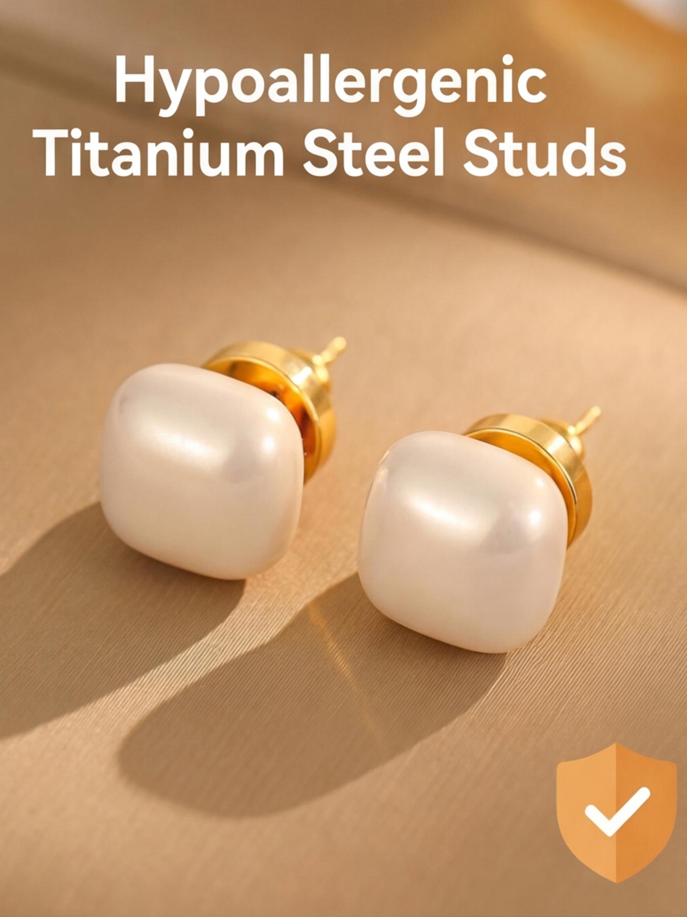 Women's Hypoallergenic Titanium Steel Square Stud Earrings, Dainty Gold Plated Cushion Red Gemstone Earrings Minimalist Fashion Jewelry for Everyday Wear Gift