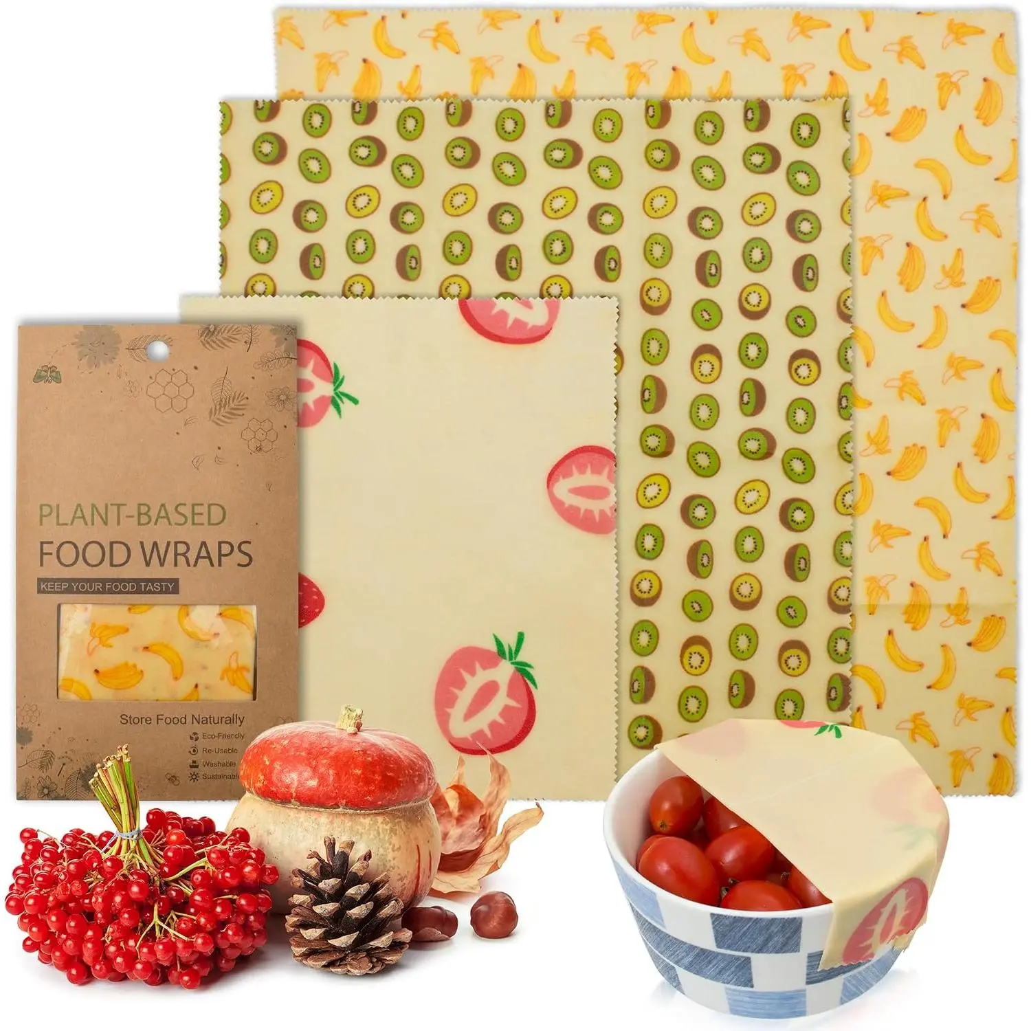 Soy Wax  Wraps, Fruit Print Set of 3, Small 7x8, Medium 10x11, Large 13x14,   Bowl Covers, Washable Alternative to Plastic Wrap