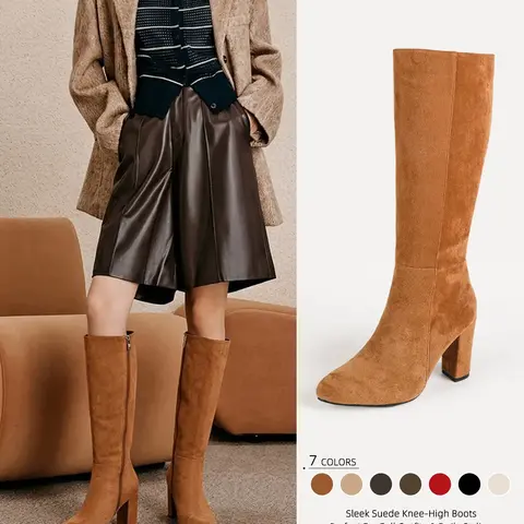 Women's Trendy Fall Essential Pointed Toe Boots,Slimming Fit Shaft & Chunky Heel Design,The Perfect Match for Coats & Mini Skirts,Stylish Knee-High Boots for Winter Outfits