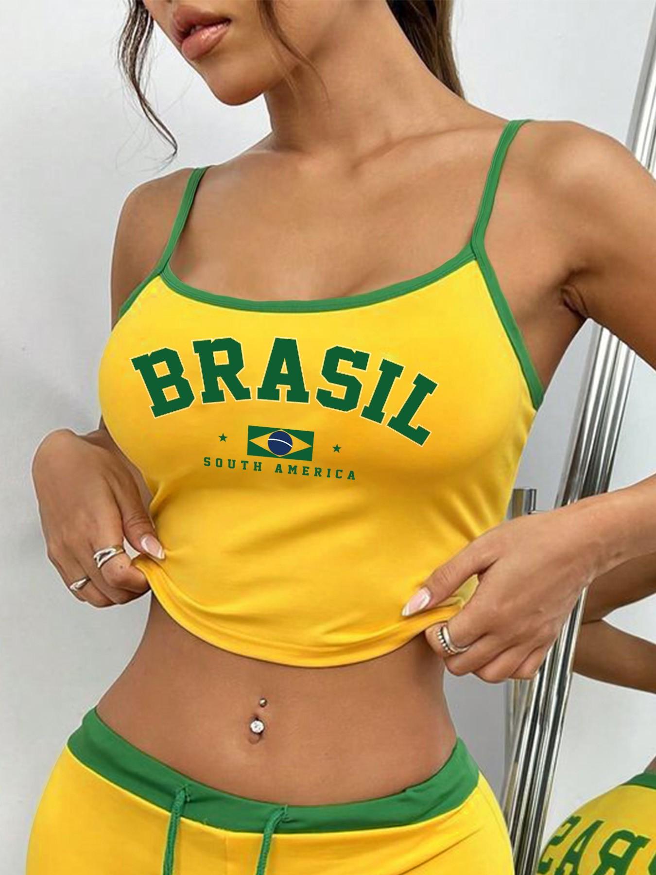 Women's Brasil Print Crop Cami Top, Yellow Green Brazil Flag Y2K Tank Top for Streetwear