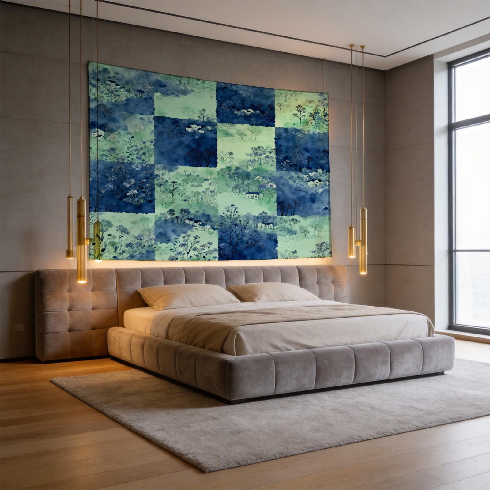 1 Piece Watercolor Landscape Checkered Tapestry, HD Digital Printed Wall Hanging Tapestries, Lightweight Fadeless Aesthetic Room Decor for Bedroom & Living Room, Easy to Hang, Add Vibrant Color to Your Space