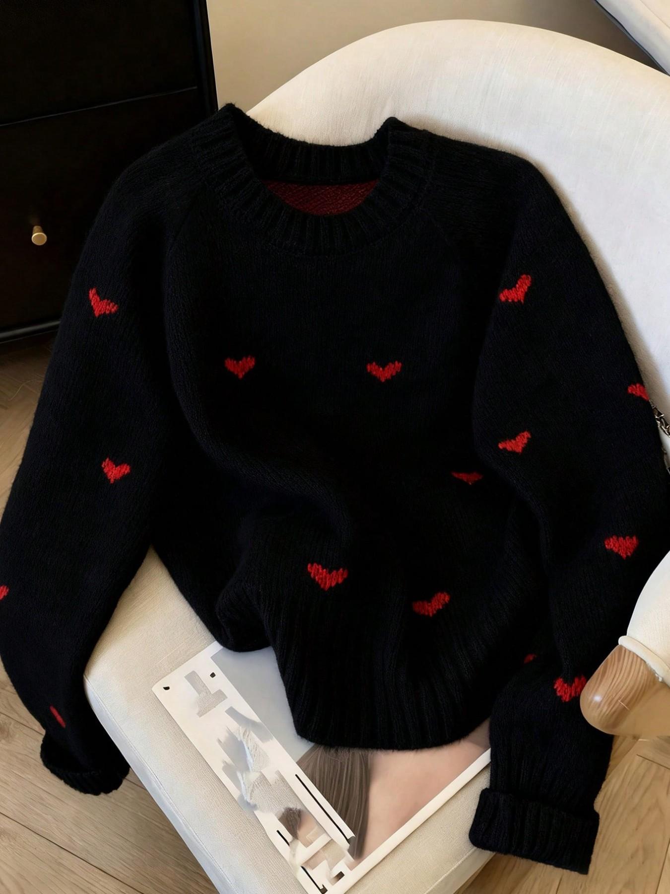 Plus Size Women's Fall Winter Heart Pullover, Chic Long Sleeve Drop Shoulder Knitwear Knitting, Cozy Crew Neck Sweater for Casual Daily Wear Tops