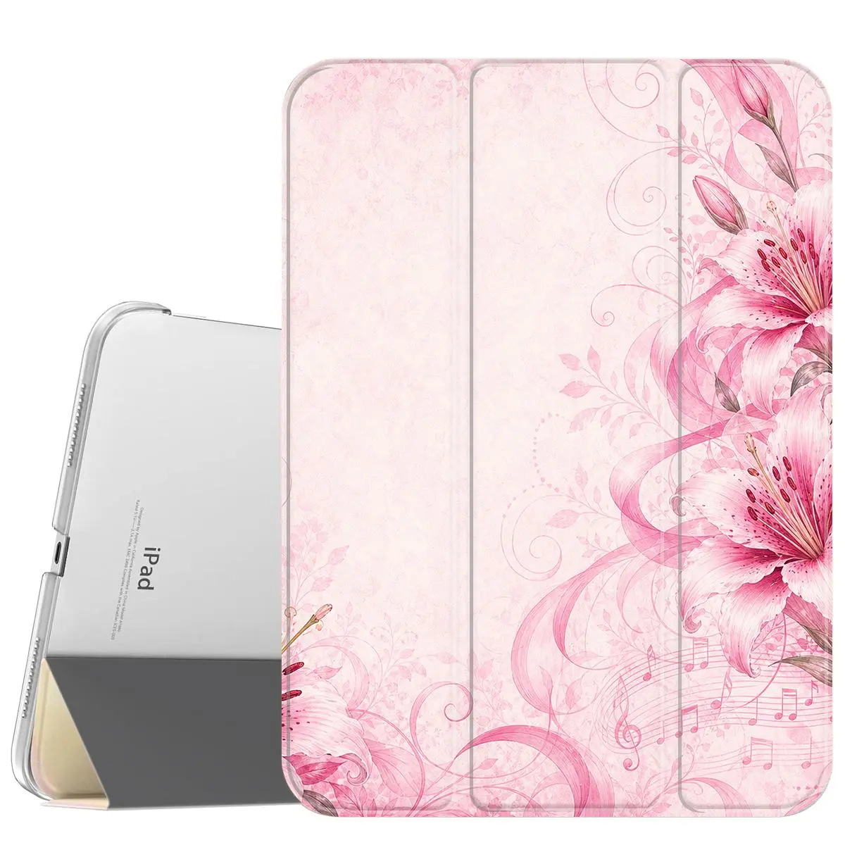 Vintage Pastel Pink Lily Floral Music Note iPad Protective Case for iPad Pro 11/12.9, iPad Air 6/5/4, iPad 10/9/8/7, iPad Mini 7/6, Lightweight Tri Fold Auto Sleep Wake Tablet Cover