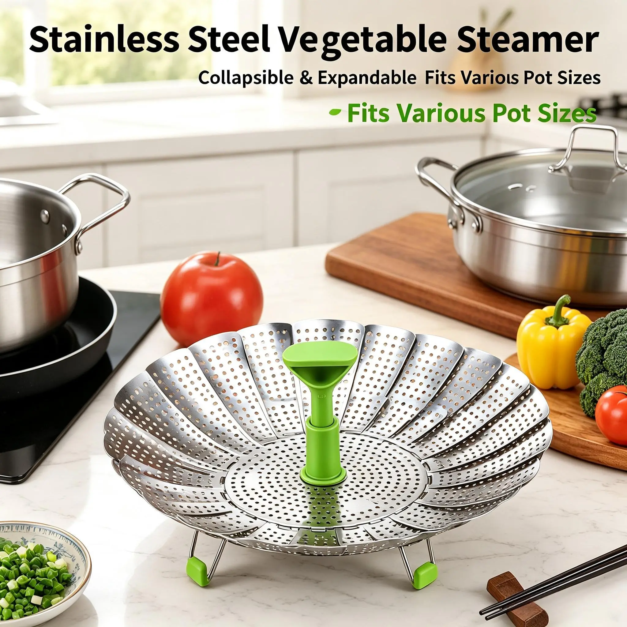 Stainless Steel Vegetable Steamer - Kitchenware, Foldable Retractable Steamer with Retractable Handle for All Sizes of Cookware