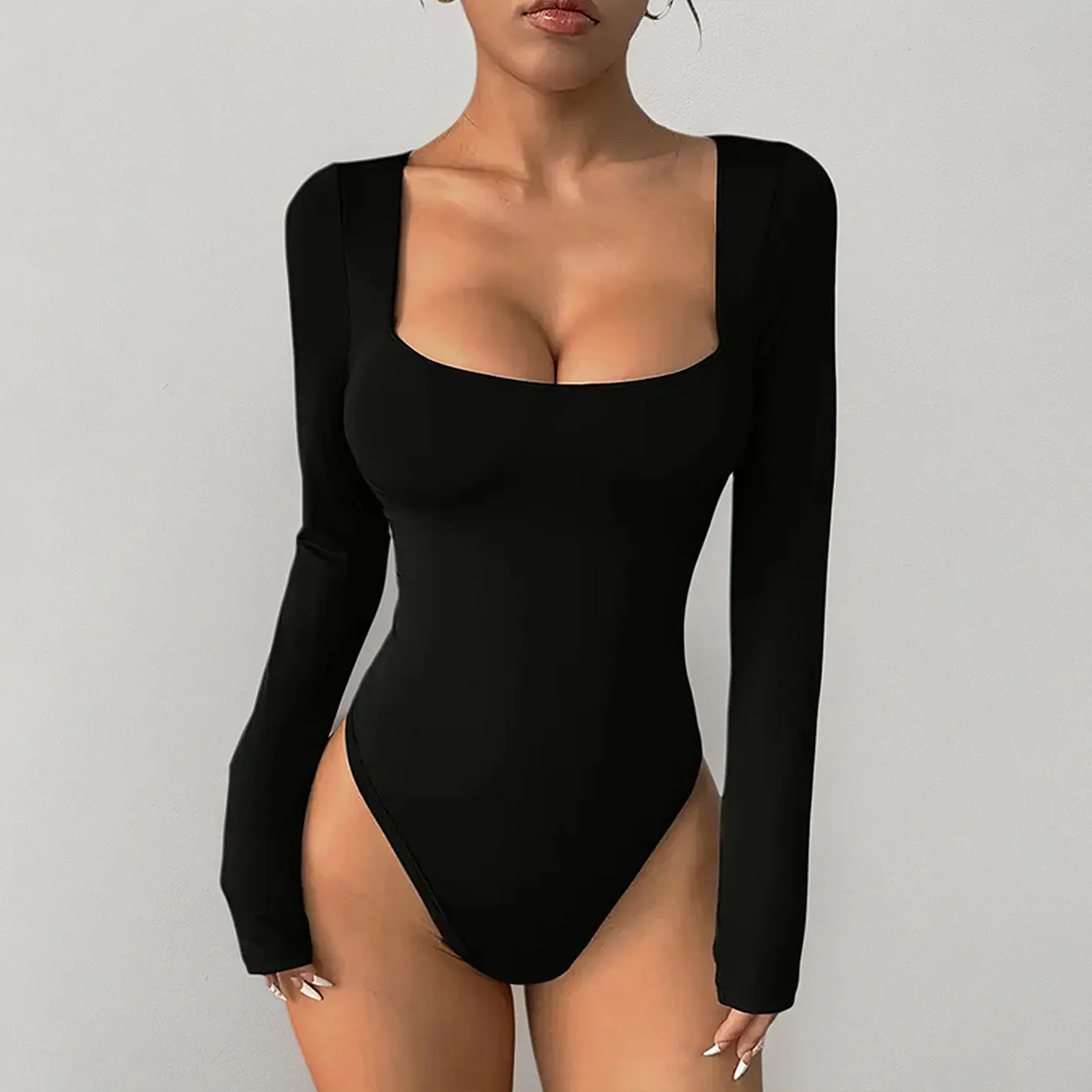 Women's Square Neck Long Sleeve One-Piece Bodysuit, Quick Dry Stretchy Athletic Jumpsuit, Seamless Activewear for Yoga Pilates Gym Daily Layering