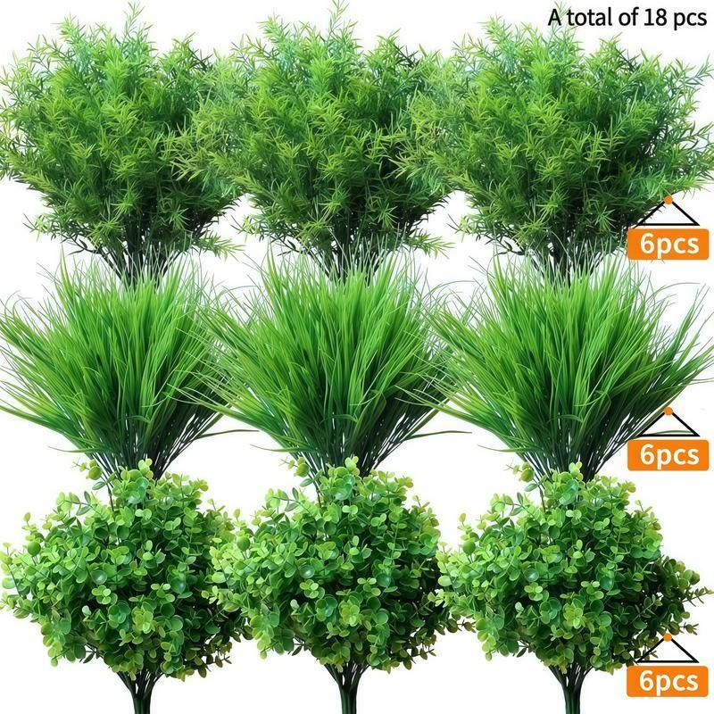 18 Pcs No Fade Artificial Plants Greenery Stems, 3 Types Realistic Faux Eucalyptus Grass Shrubs, UV Resistant Faux Greenery for Outdoor Indoor Home Garden Yard Window Box Porch Patio Balcony Farmhouse Wedding Party Table Centerpieces DIY Decoration