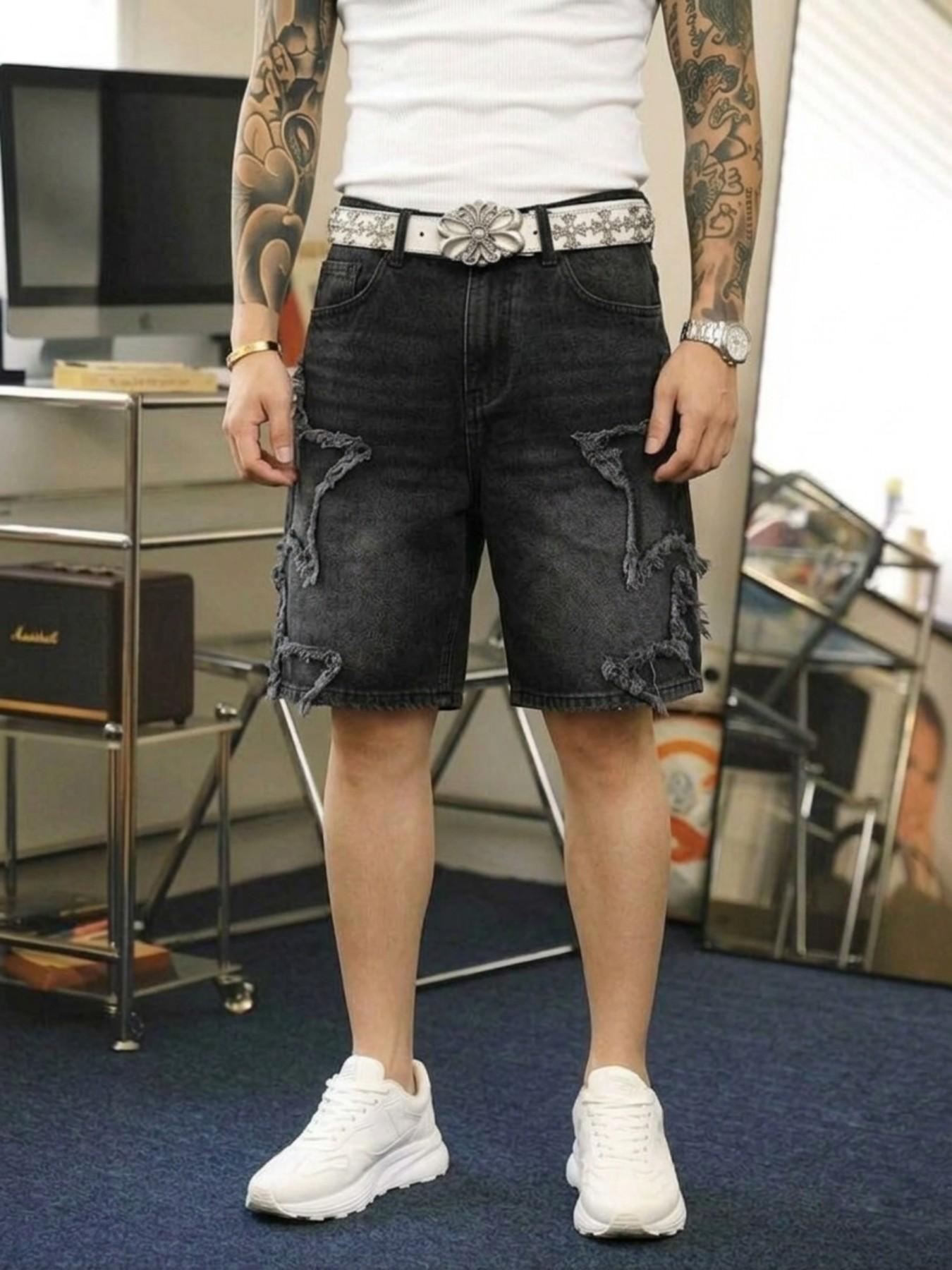 Summer Men's Retro Denim Shorts, Denim Look, Classic, Star Design, Pocket, Loose-Fitting, Plain Pattern, Casual Streetwear, Daily Wear, Comfortable and Stylish