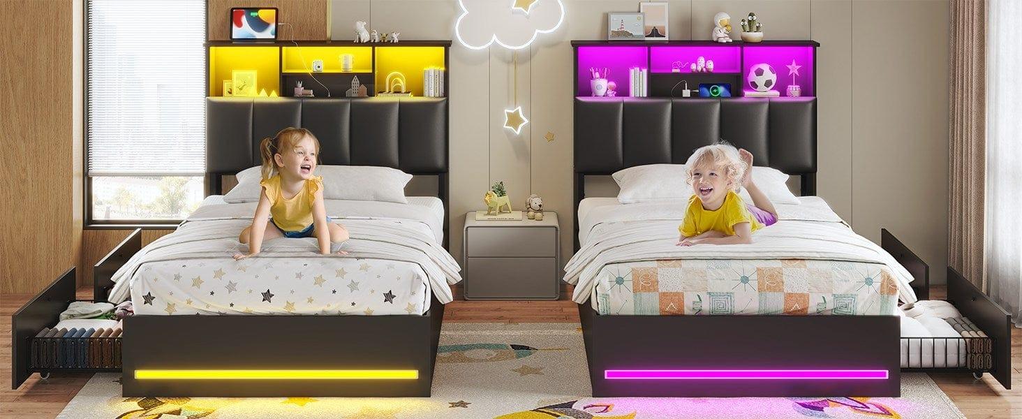 Sikaic Twin Size Bed Frame with Bookcase Headboard and Charging Station Black Bedroom Furniture Set