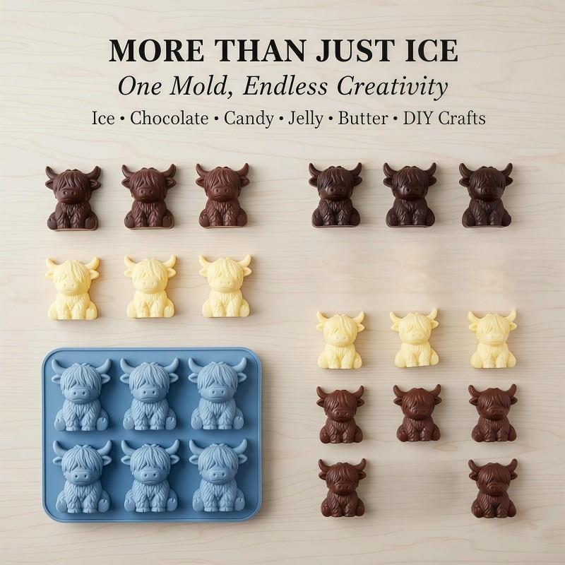 Mini Highland Cow Ice Cube Mold, Cute 3D Silicone Ice Tray, Cow Shape Ice Cubes, Ideal for Whiskey, Drinks, Parties, Bars, Birthdays, Gifts (6 Compartments)