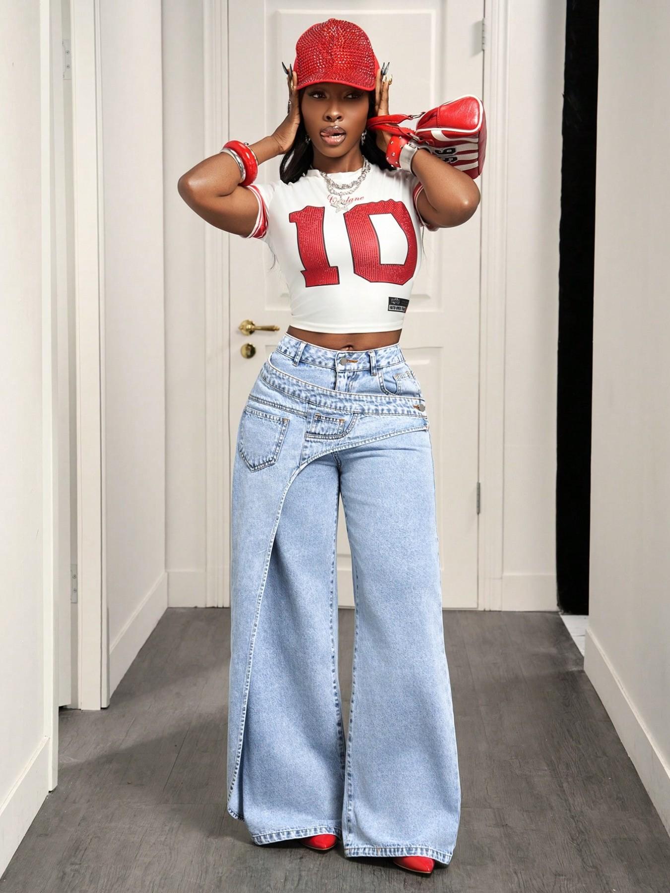 Women's Casual Denim Long Pants, Elegant Plain Pattern, Loose-Fitting, All-Season Fashion, Trendy Asymmetrical Design