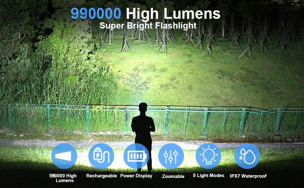 2 pack Rechargeable Strong Flashlight, 1000000LumensHigh Brightness XHP50.2 LED 2 PackWater-Resistant, 5 Modes for Various LightingNeeds super strong usb rechargeable