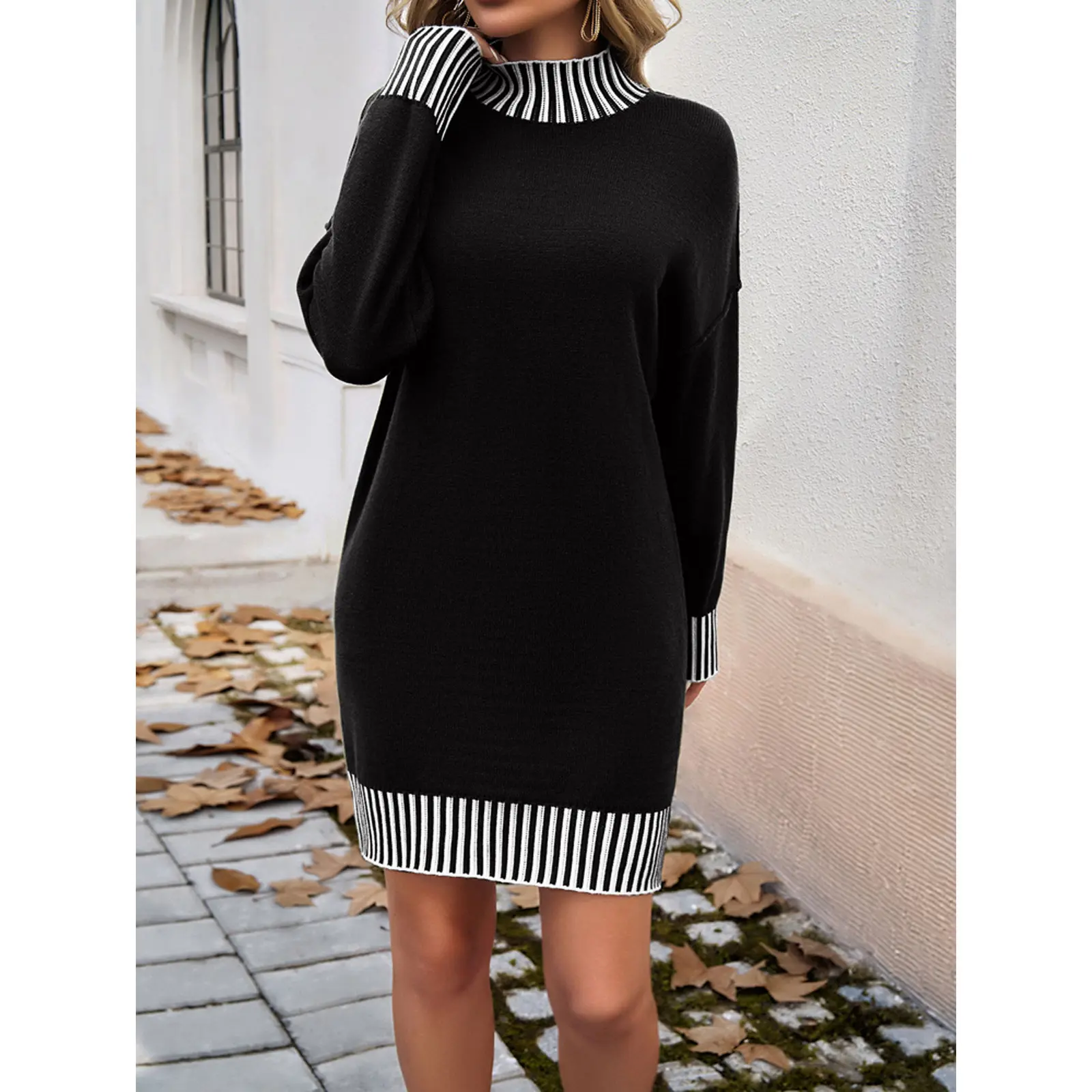 Women's Turtleneck Striped Color Block Knit Mini Dress, Long Sleeve Loose Fall Winter Sweater Dress