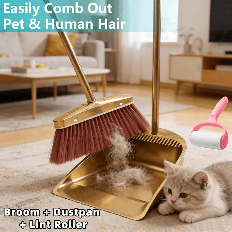 Three-piece Set of Extended Golden Elbow Broom, Dustpan, and Pet Hair Remover; Premium Heavy-duty Indoor/outdoor Universal Broom Set with Dense Bristles; Suitable for Kitchens, Living Rooms, Patios, and Gardens; Commercial Cleaning Supplies