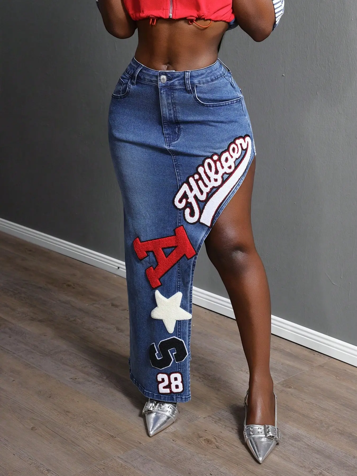American Street Style Letter Embroidery High Split Denim Skirt, Women's High Waist Slimming Butt Lift Medium Long Dress, Trendy Fashion