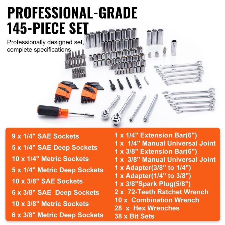 VEVOR 145-Piece Metal Mechanic Tool Set with Storage Case - Car Repair Tools Including 1/4 & 3/8 Drive Deep/Standard Sockets, SAE/Metric Bits, Combination Wrenches, Hex Wrenches, and Accessories