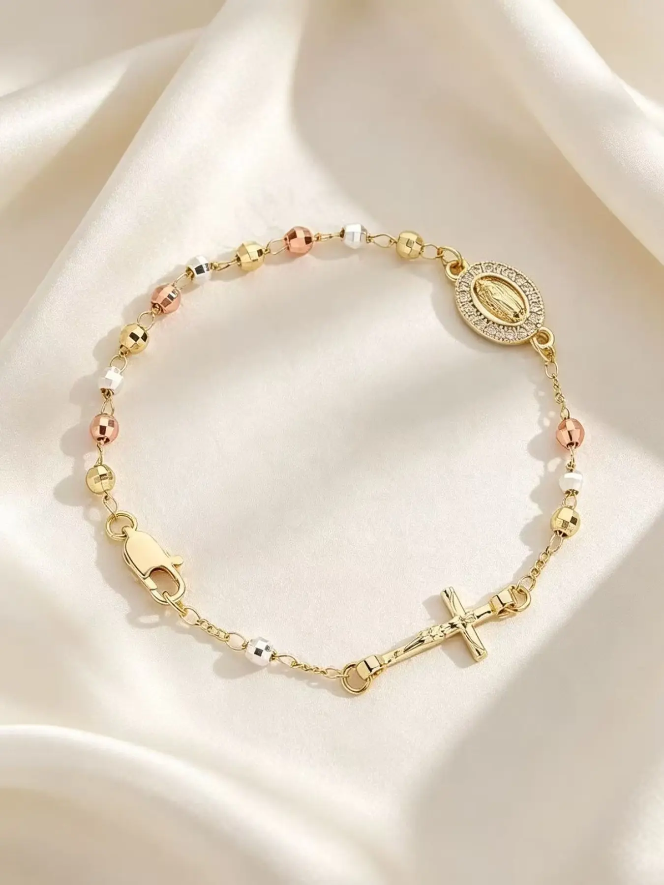 Vintage Three-Color Gold Clash Bracelet, Cross Rhinestone Bead Chain, Colorful High-End Fashion Gift Jewelry, Stylish Accessory