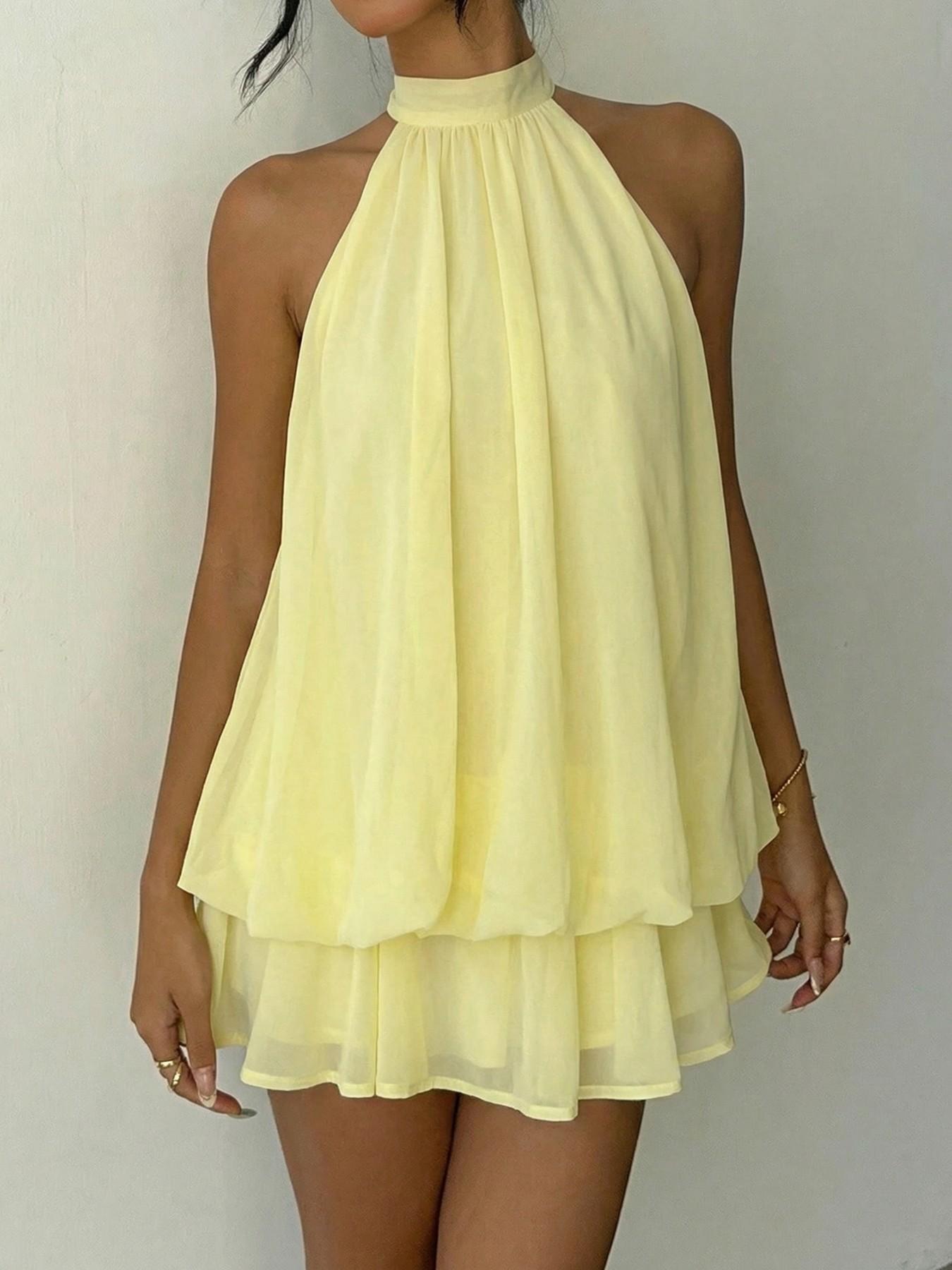 Women's Summer Fashion Party Halter Neck Tie Back Mini Dress, Slim-Fitting Casual Elegant Short Sleeveless Dress for Home Outdoor City Style