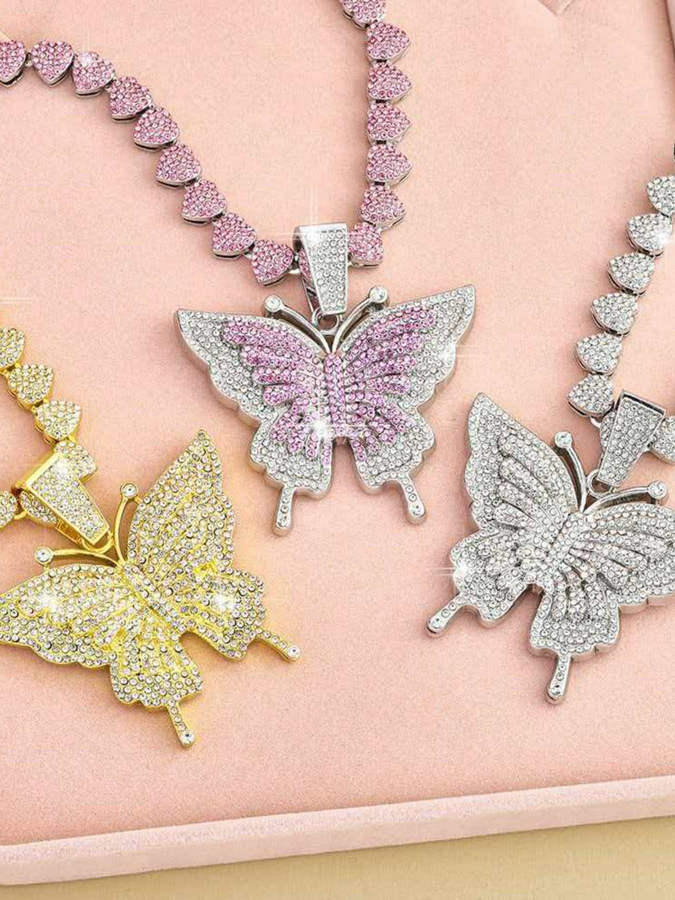Butterfly Pendant Necklace for Women, Iced Out Rhinestone Heart Chain Choker, Y2K Jewelry, Hip Hop Bling, Fashion Accessories, Gift