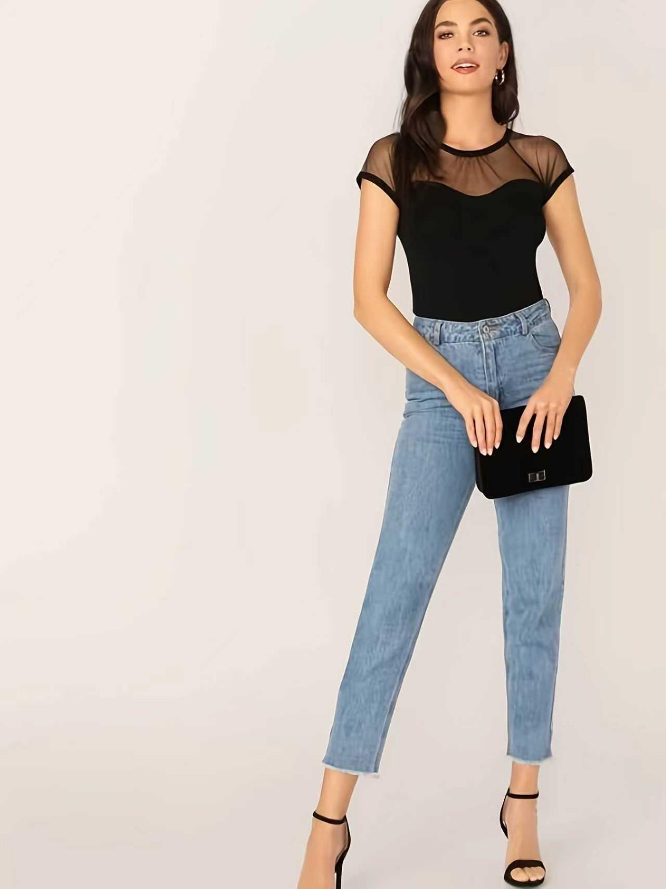 Elegant Women's Mesh Patchwork Round Neck Fitted Top, Stylish Casual Wear, Perfect for Daily, Comfortable and Trendy