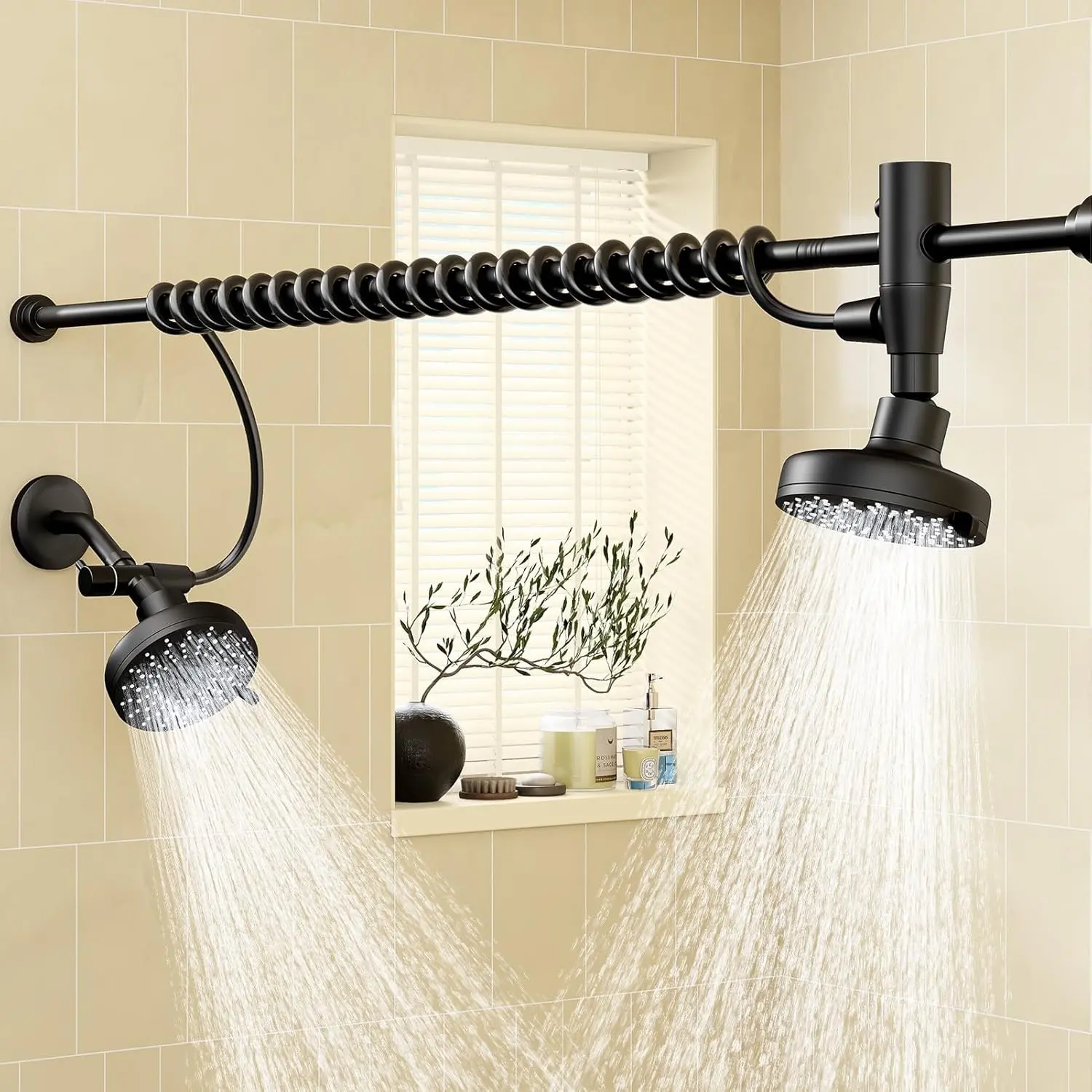 Dual Shower Head with Original Adjustable Slider, Double Showerhead, Black | High Pressure, Two People, 2 Showerhead System for Couples, Renter-Friendly, SPA-Like, Bathroom Gift for Women Men