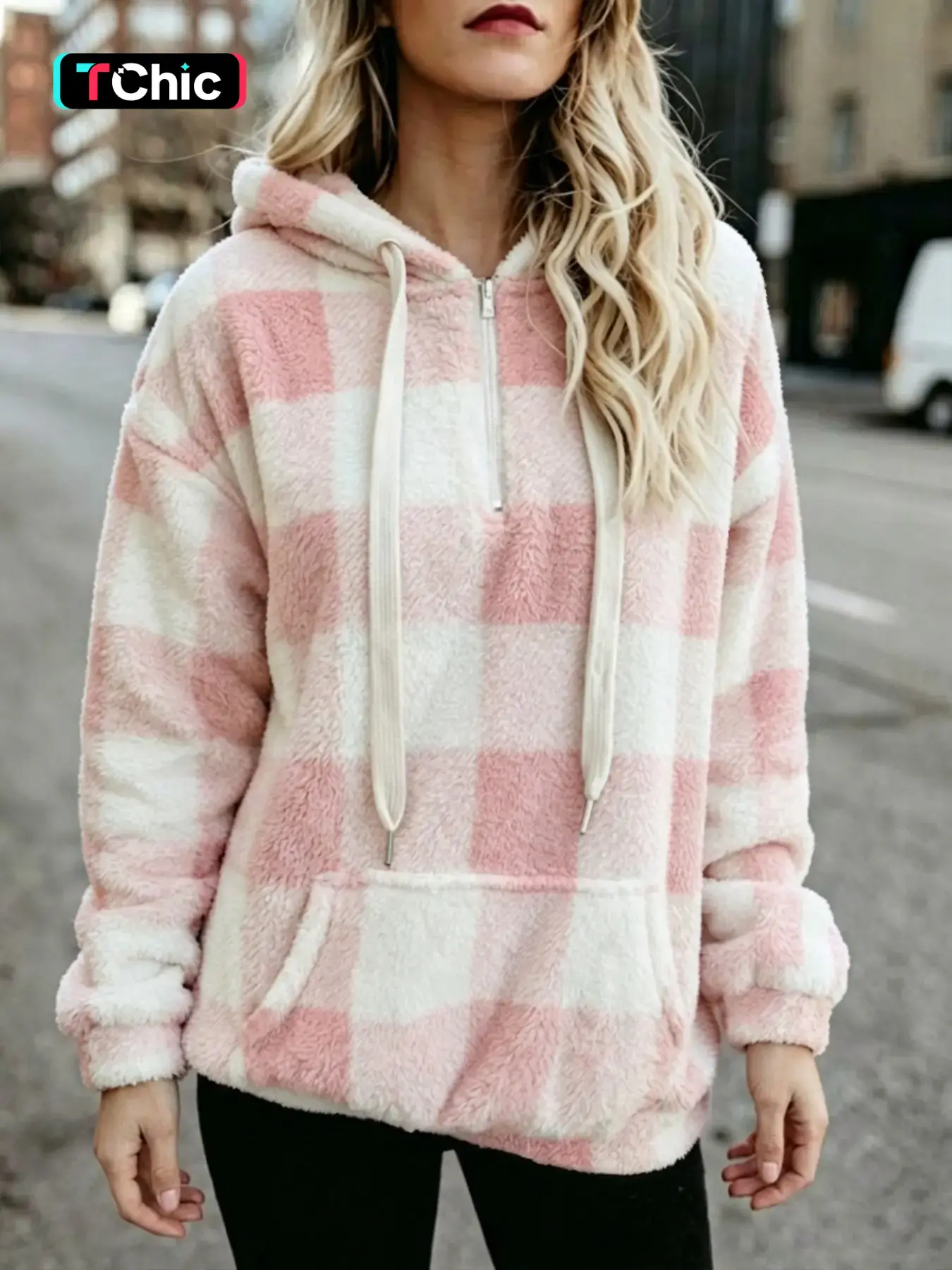 Women's Plaid Print Half-Zip Hoodie, Loose-Fitting Long Sleeve Top, Casual Spring & Fall Fashion, Unlined Pockets Design, Wearable Hooded Sweatshirt