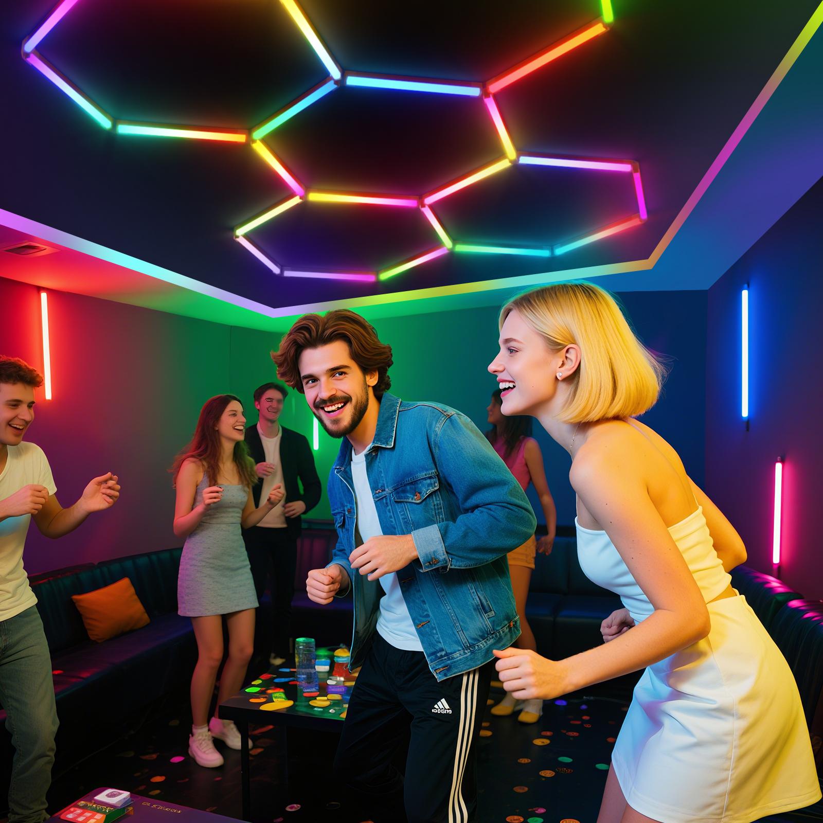 HYPERLITE RGB hexagonal light smart modular honeycomb light application, party office, garage light, LED wall decorative light, remote control, LED light, music synchronization, DIY color ceiling light Adjustable Lighting Options, SpringGlowUp