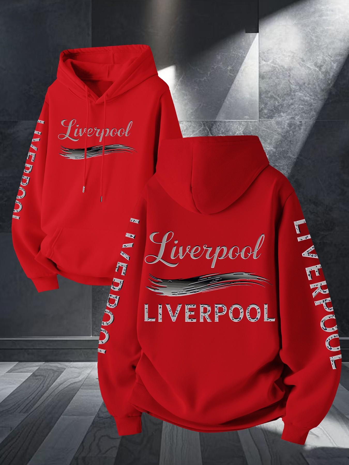 Liverpool Art Brush Print Hoodie, Unisex Long Sleeve Casual Sweatshirt, Geometric Pattern, Kangaroo Pocket, Fall & Winter Streetwear