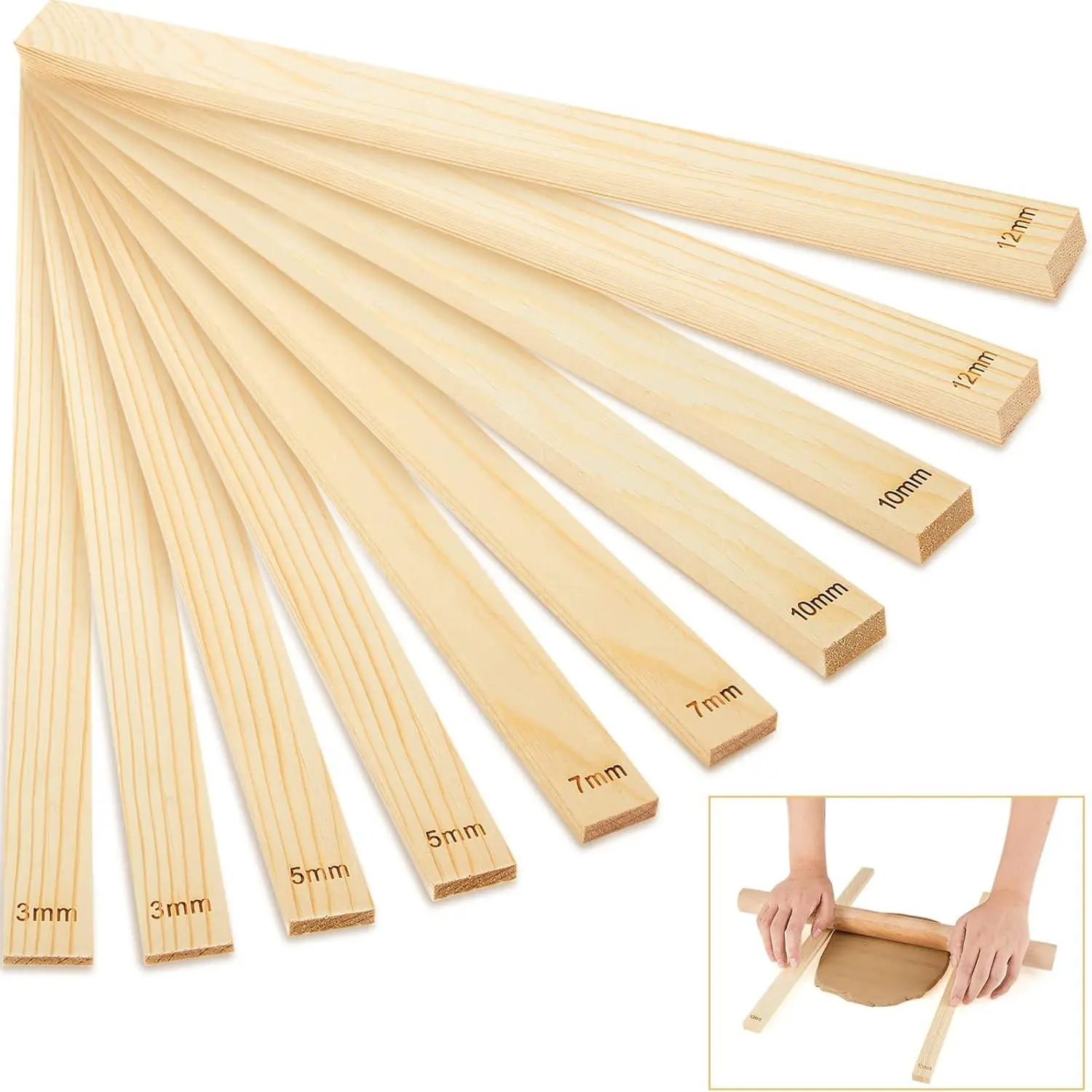 10-Count Engraved Multi-Size Clay Pottery Rolling Pin Guides, Wooden Crafting Utensils, Easy-to-Use Polymer Clay Depth Thickness Tool for Teaching Rolling Mud Sticks