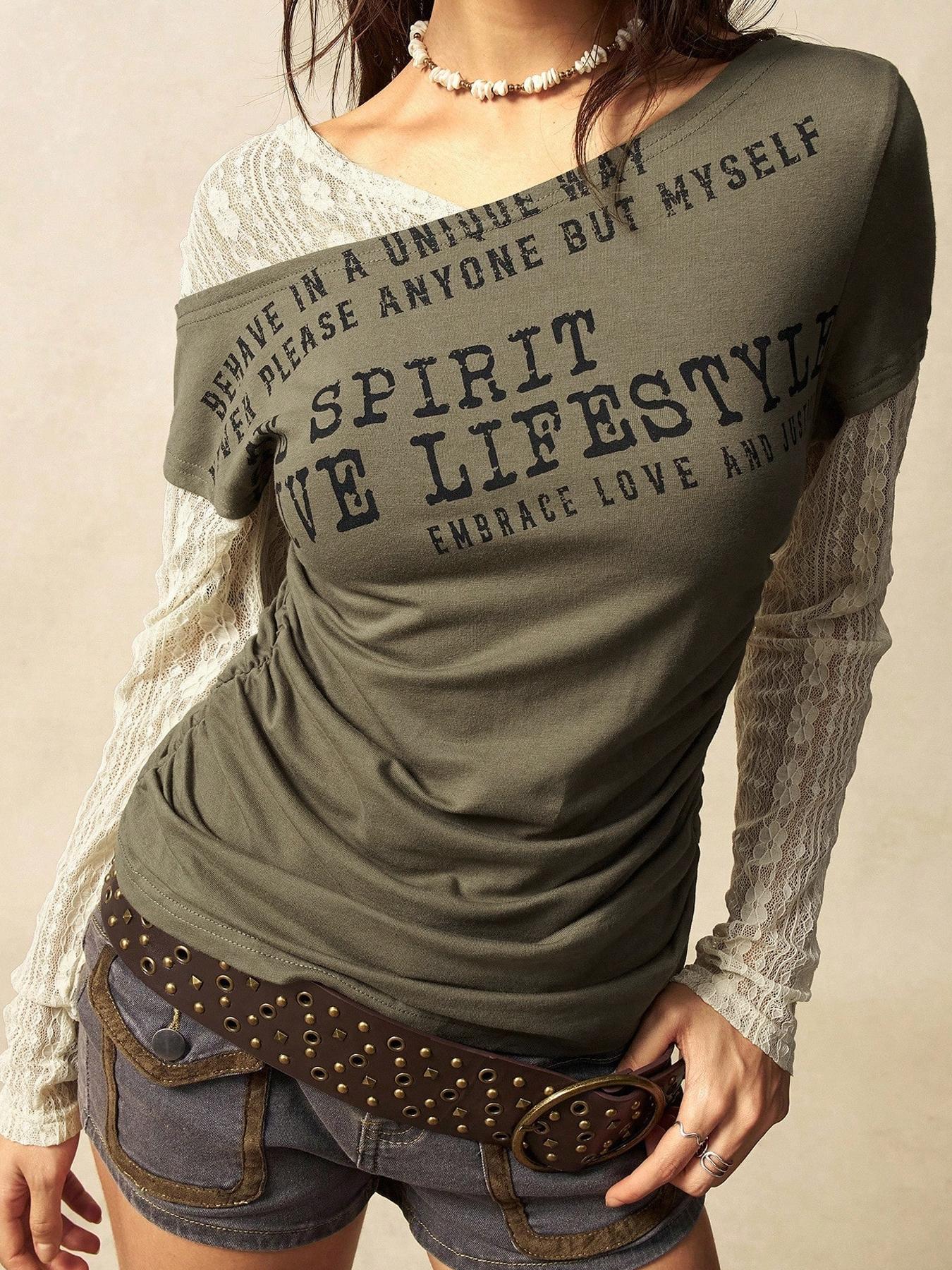 Letter Print Faux Two-Piece Long Sleeve Fitted T-Shirt, American Vintage Style, Casual Daily Wear, Street Fashion, Men's Clothing