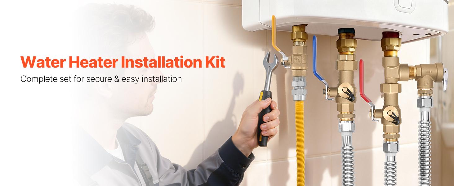 VEVOR 3/4 Inches Brass Steel Water Heater Kit, Corrosion Resistant Plumbing Repair Kit with 600 WOG Isolation Valves, Pressure Relief Valve, Dual-Layer Gas Hose, Standard Fit for Most Tankless Water Heating Brands