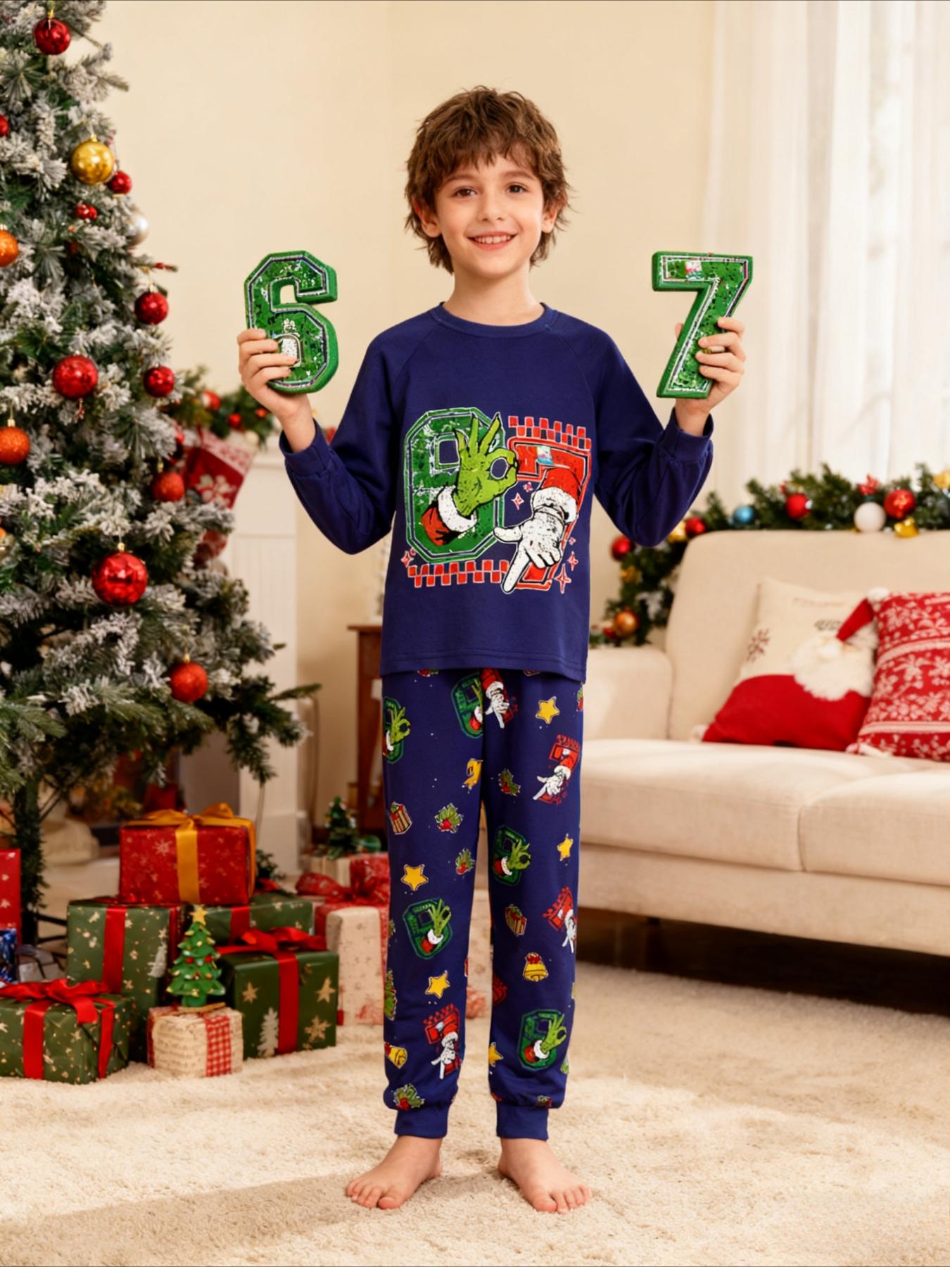 #67 Funny Kids Sleepwear Set Pajamas Christmas, Six Seven  Theme Fashion Print, Comfortable Soft Fabric, Holiday Gift Essential, Cartoon Print Pajama