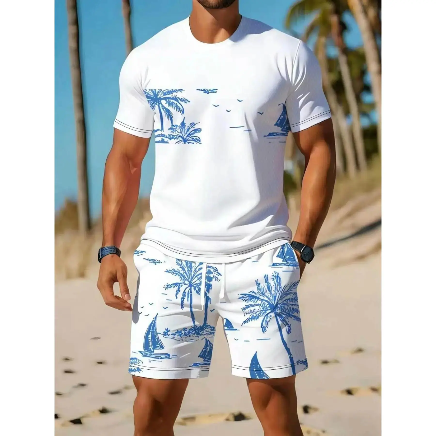 Men's Summer Set Short Sleeve Fitted Tee + Matching Printed Beach Shorts, Blue Palm Sail Tropical Pattern, Casual Vacation Two-Piece, Menswear