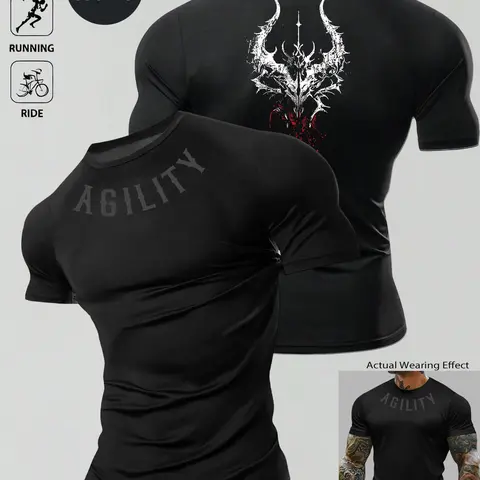 Men's Gothic Dragon Print Quick-Dry T-Shirt, Slim-Fit Breathable Workout Top, Four-Way Stretch Sportswear for Fitness, Running, Cycling, Streetwear, Workout Shirts