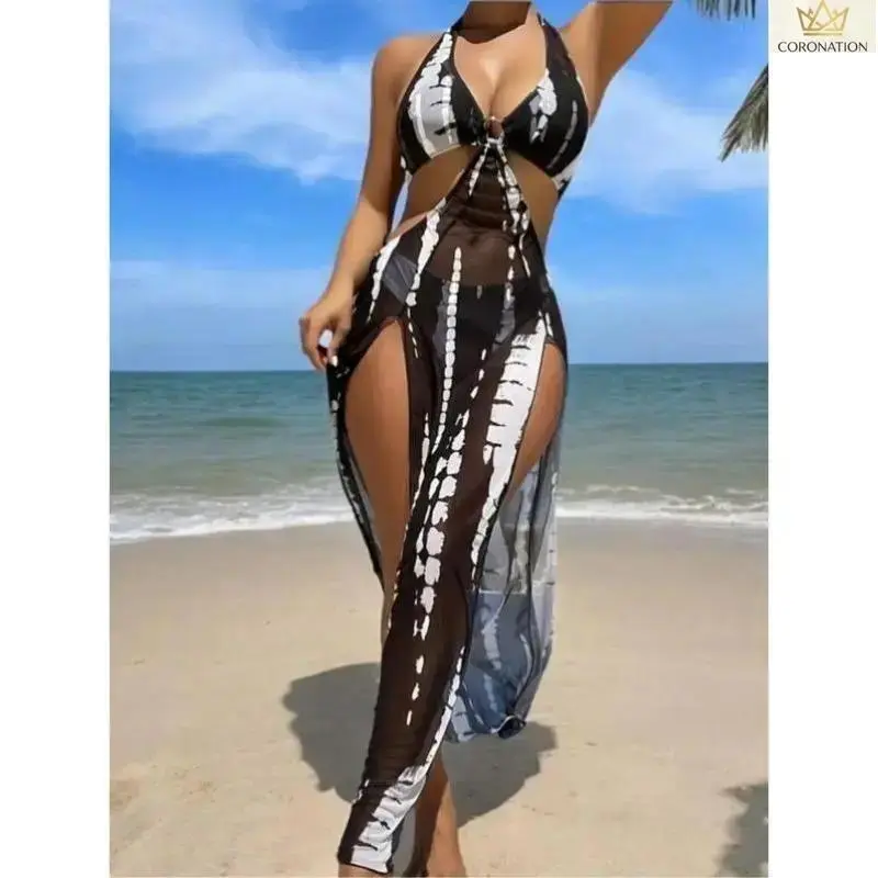 Women’s Aesthetic Patchwork Halter Bikini Set, Trendy Ring Linked High Cut Backless 2 Piece Swimsuit with Adjustable Straps, Flattering Fit Stretch Bathing Suit for Beach Vacation, Pool Party, Resort Travel & Summer Getaway