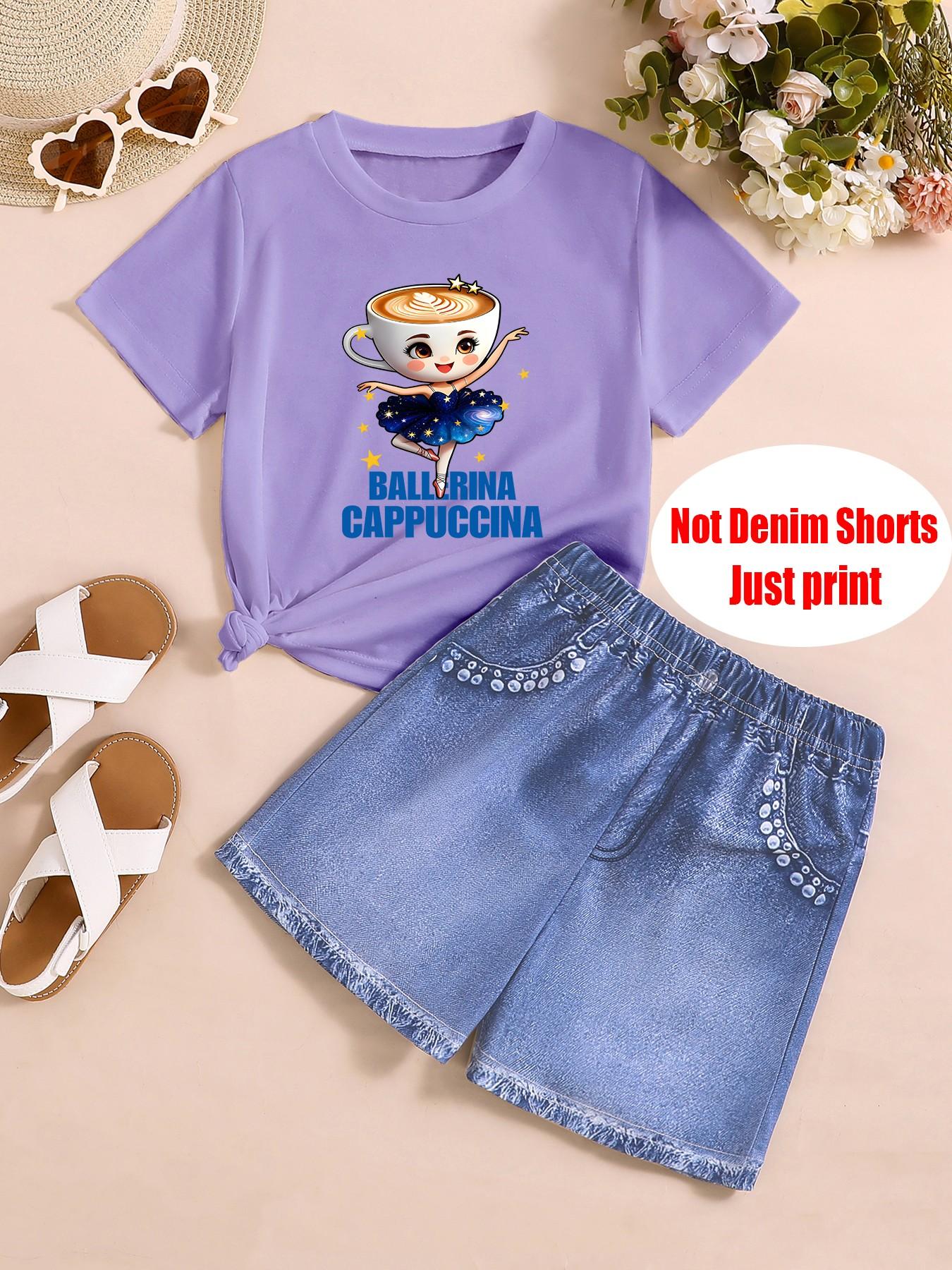 Fashion Two-Piece Set for Girls, Ballerina Cappuccina Print T-Shirt + Denim Shorts, Summer for Kids, Casual Slim Fit Suit