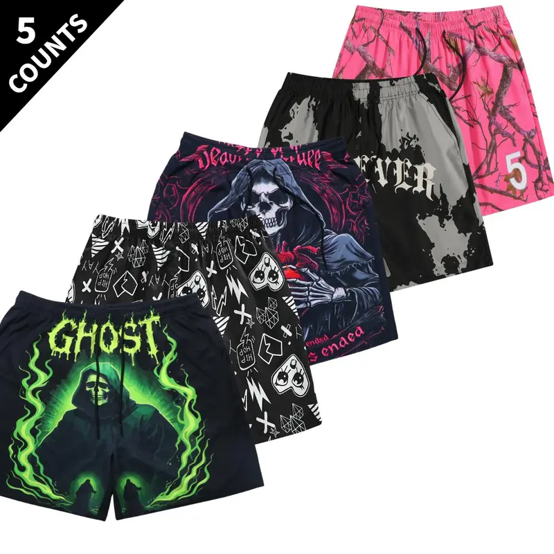 Men's 5-Piece Printed Quick Dry Sports Shorts - Drawstring, Side Pockets, Breathable Tech, Regular Fit Active Bottoms for Summer Running, Beach Wear