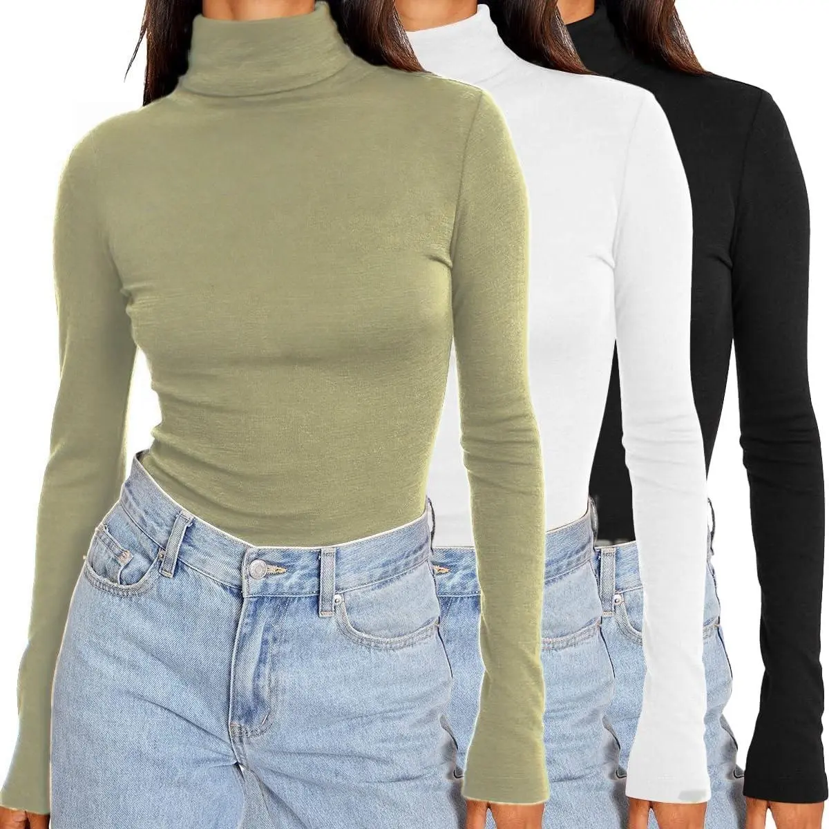 【US Shipping】3 Pack Women’s Ribbed Turtleneck Tops – Long Sleeve Slim Fit Basic Layering Shirts Womenswear Outdoor