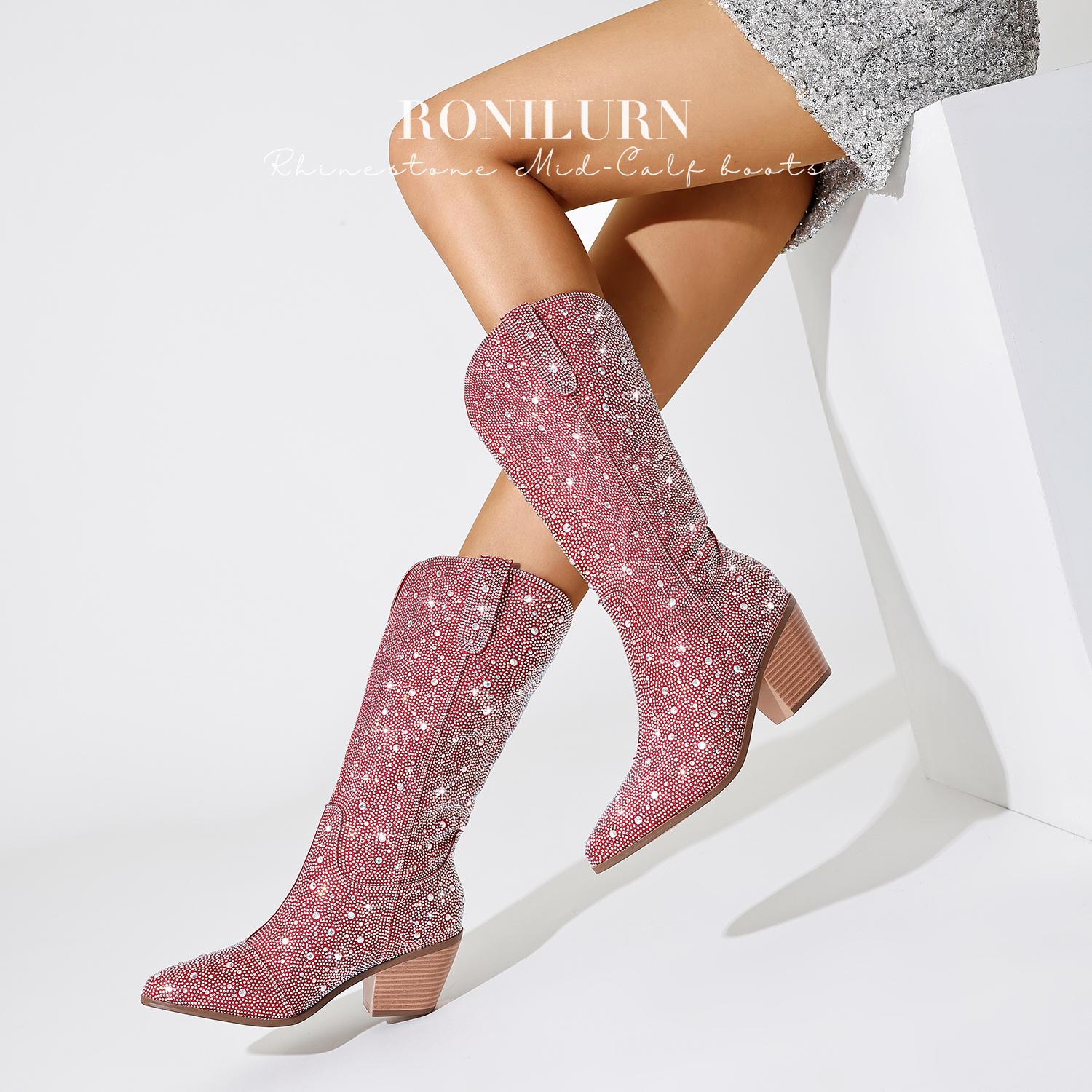 Women Cowboy Boots Cowgirl Rhinestone Mid Calf Western Boots Sparkly Glitter Boots Bling Pointed Toe Chunky Heel Pull On