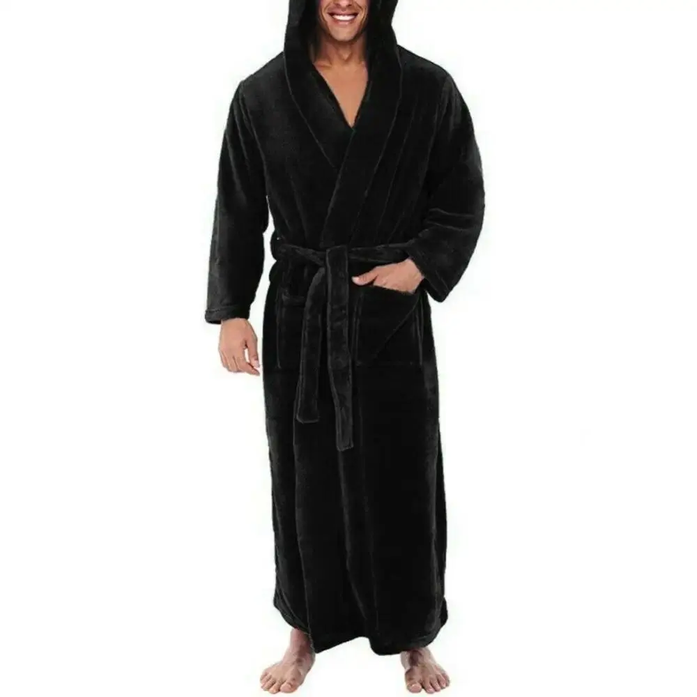 Men's Solid Plain Loose-Fit Pocketed Fleece Robe - Winter Warm Long Sleeve Cold Wash Home Sleepwear, Casual Loungewear