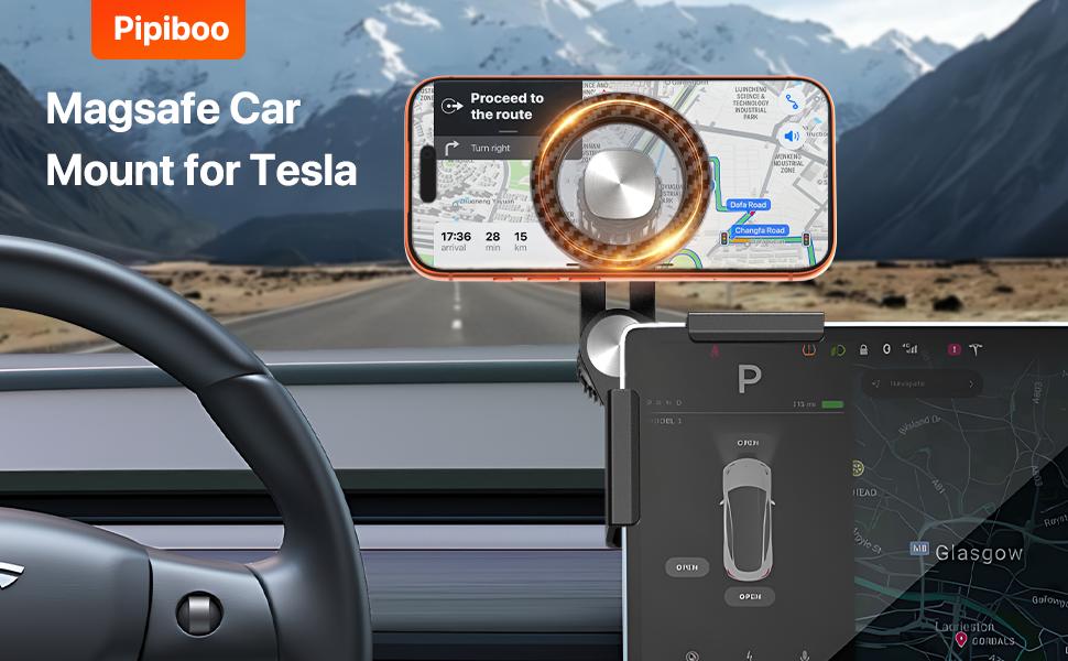 Tesla Phone Mount for Model 3/Y: [2026 Screen-Safe Suction] for Tesla Model 3/Y/Juniper/Cybertruck Accessories for Magsafe Car Mount,Fit for iPhone 12-17 Series and Magsafe Cases