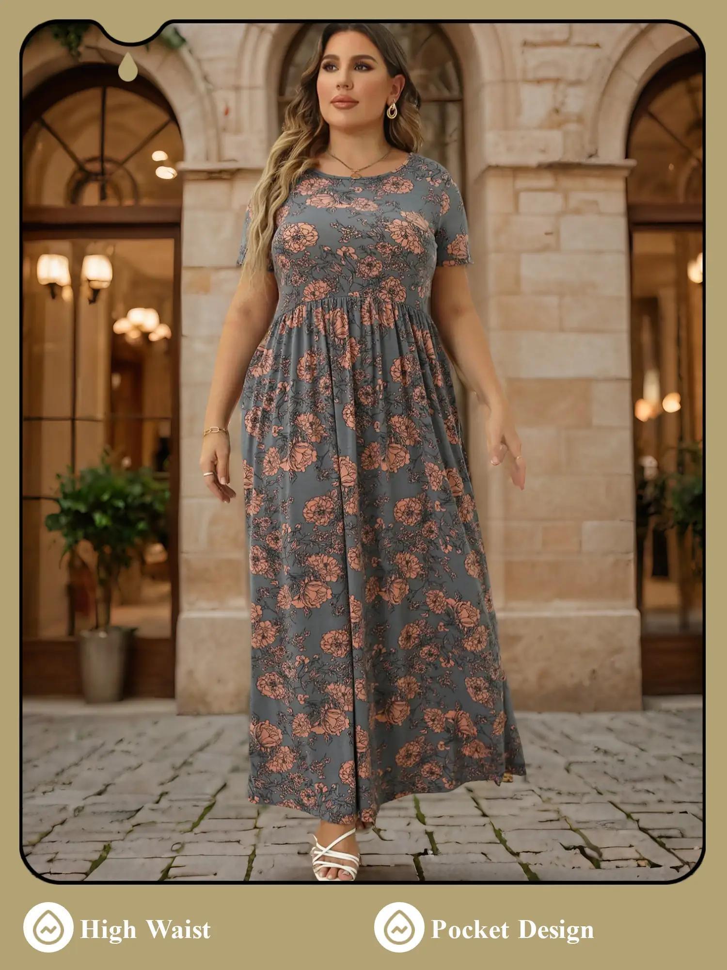 Plus Size Floral Print Short Sleeve A-line Dress with Pockets, Summer Dress, Boho Vintage Dresses for Holiday, Casual Everyday Wear, Modest Dresses