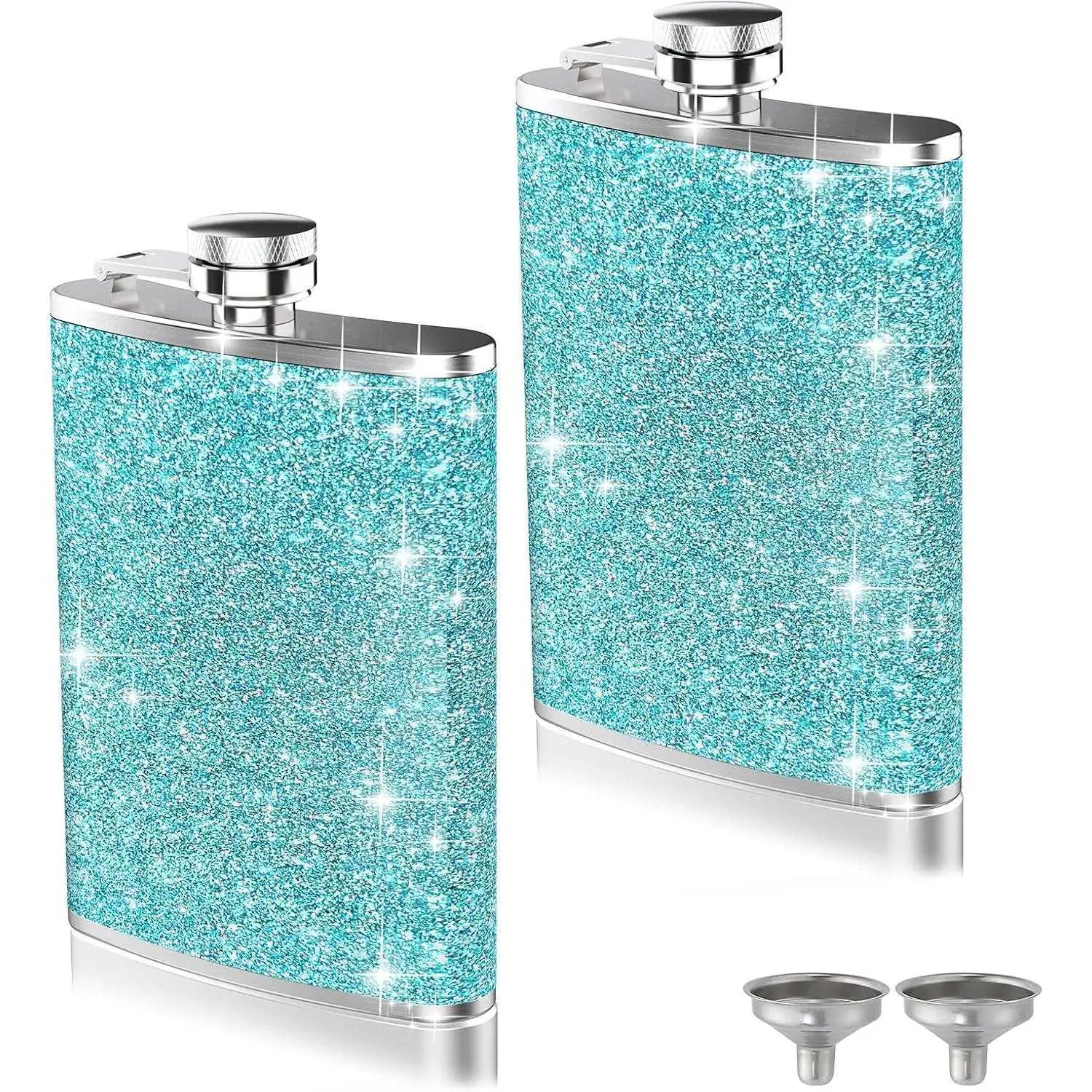 2-Pack 8 Oz Bling Hip Flasks for Liquor, Leakproof Stainless Steel Flasks with Funnel Pocket Flask for Women, Portable Metal Flask for Camping Outdoor Activity Wedding Party Gift, Blue