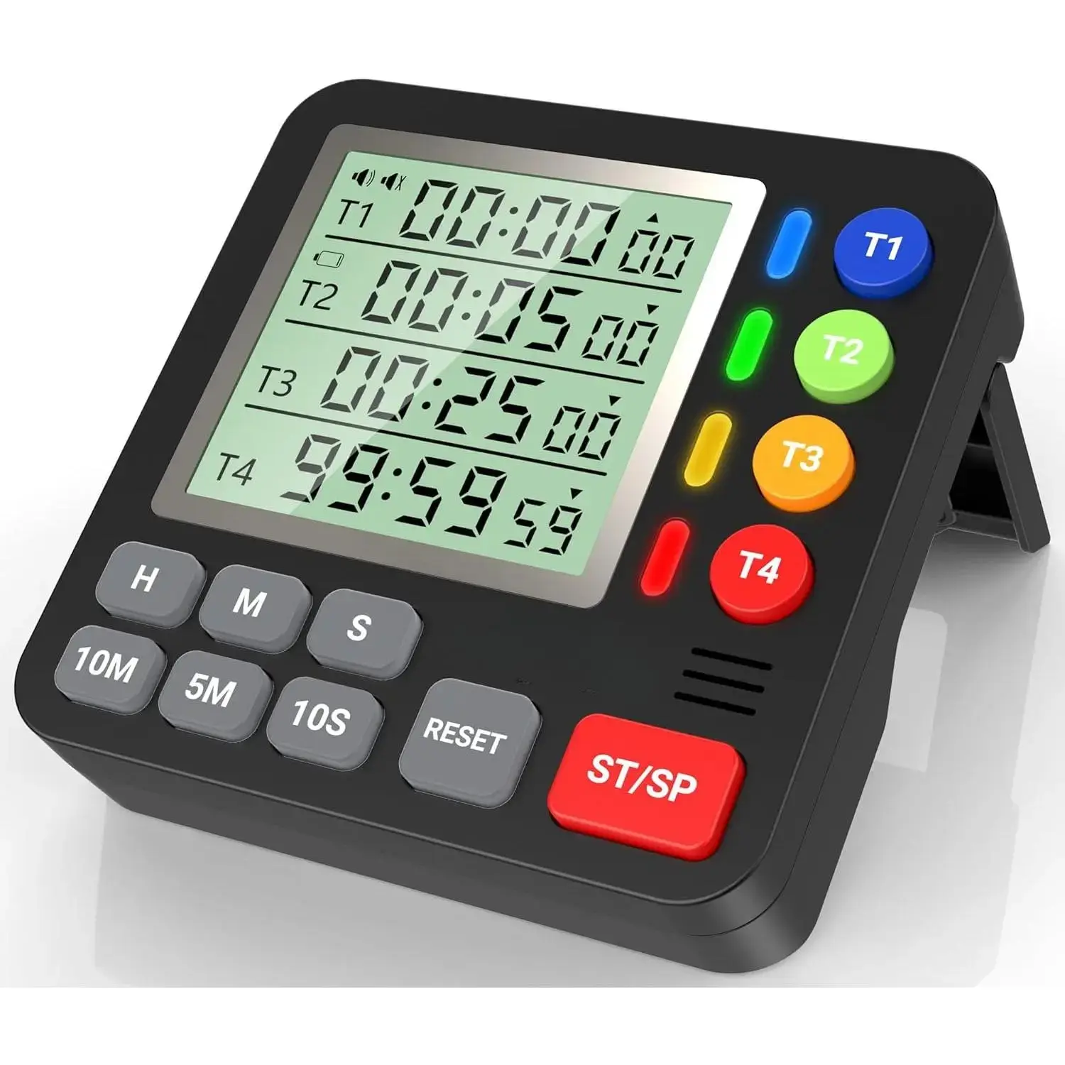 Black Plastic Digital Kitchen Timer - 4 Multi-Channel Count Up/Countdown Timer with Timing Control, Loud Alarm, Silent Mode, Large Screen Display, Magnetic Back, Auto Memory, Included Batteries for Cooking/Classroom Use